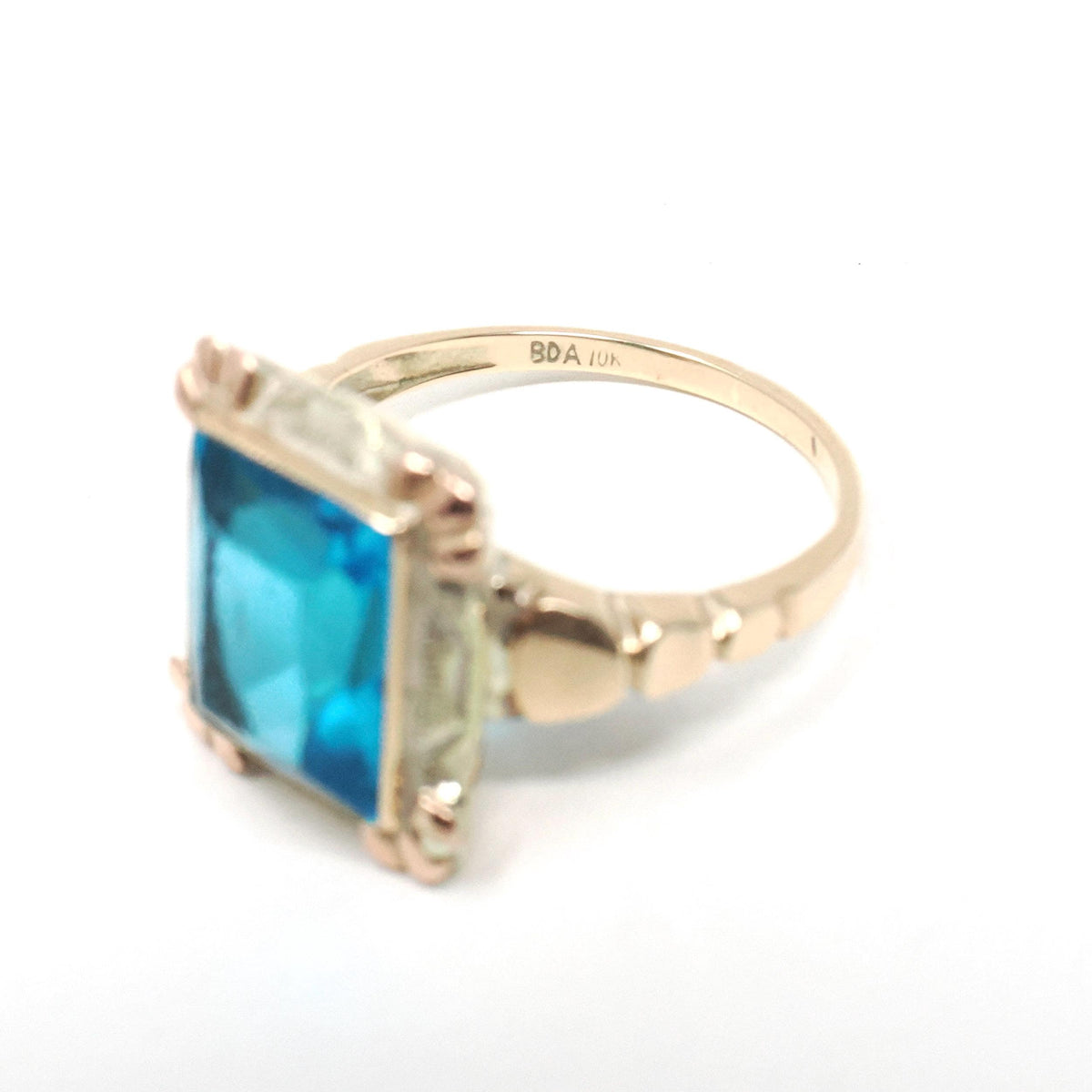 Vintage Glass Ring - Mid Century Era 10k Yellow & Rose Gold Simulated Gemstone Blue Glass - Circa 1940s Size 5 1/4 Fine Statement Jewelry