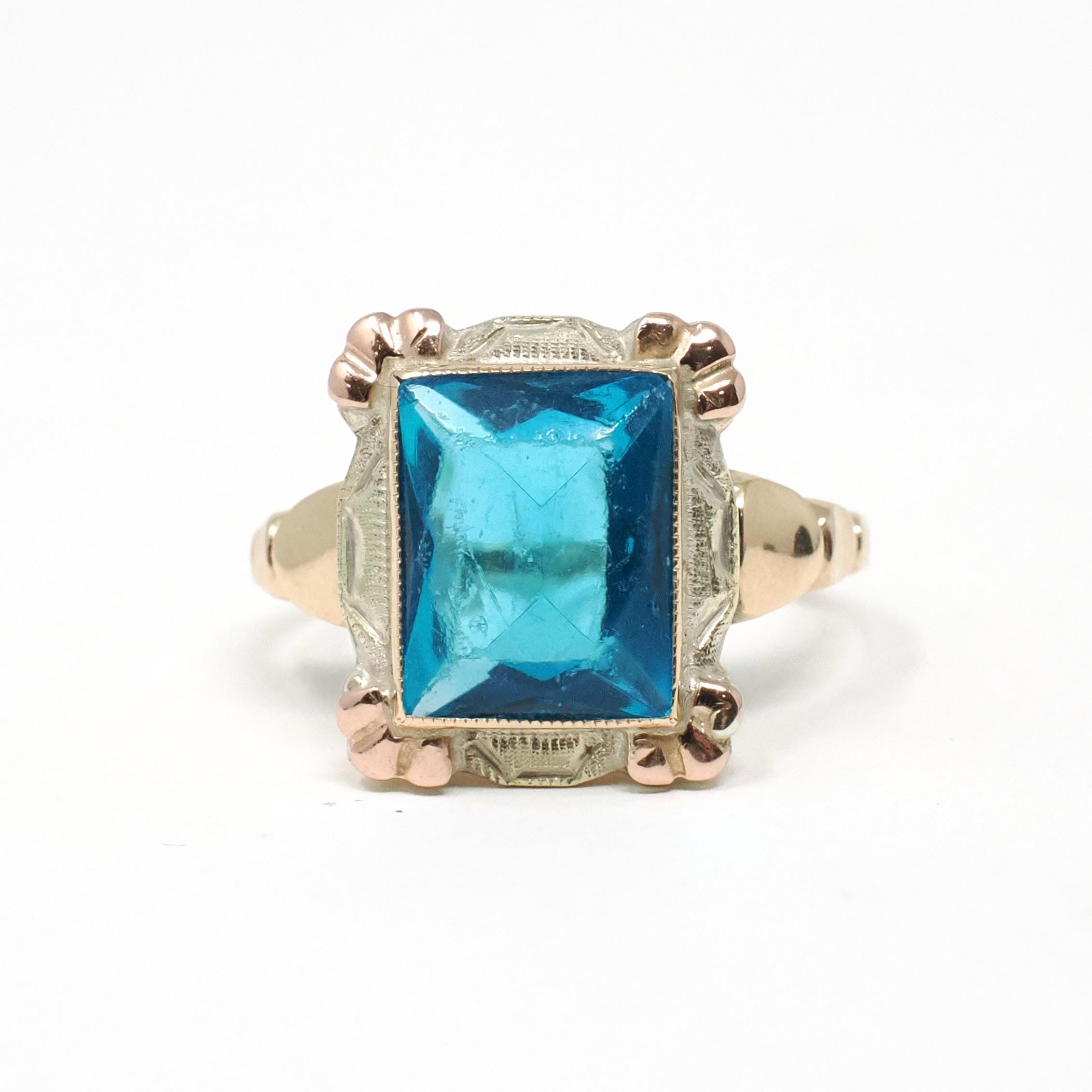 Vintage Glass Ring - Mid Century Era 10k Yellow & Rose Gold Simulated Gemstone Blue Glass - Circa 1940s Size 5 1/4 Fine Statement Jewelry