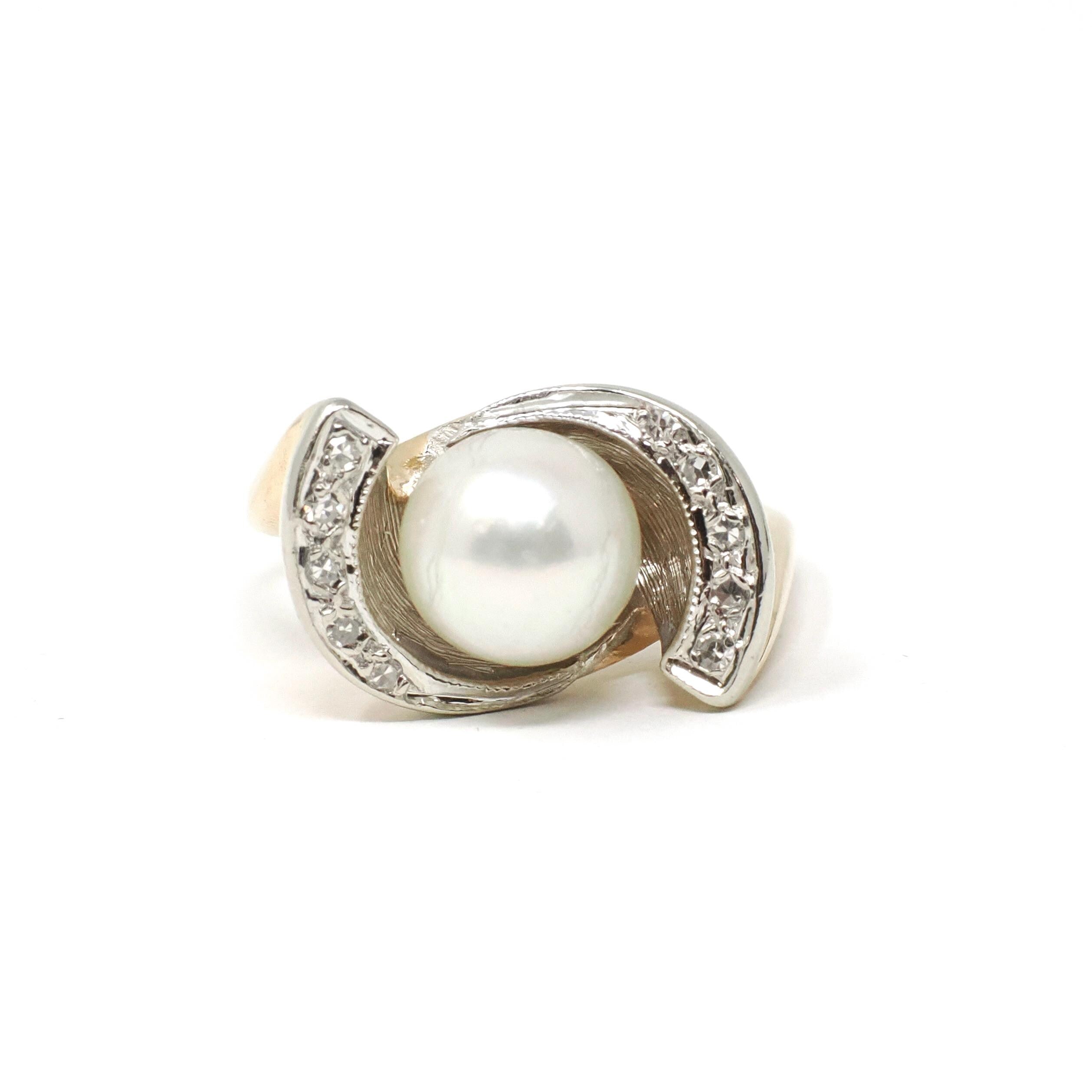 Pearl & Diamond Ring - Retro Era 14k Yellow And White Gold Natural Gemstones - Vintage Circa 1970s Era Size 6 3/4 Fine Statement Jewelry