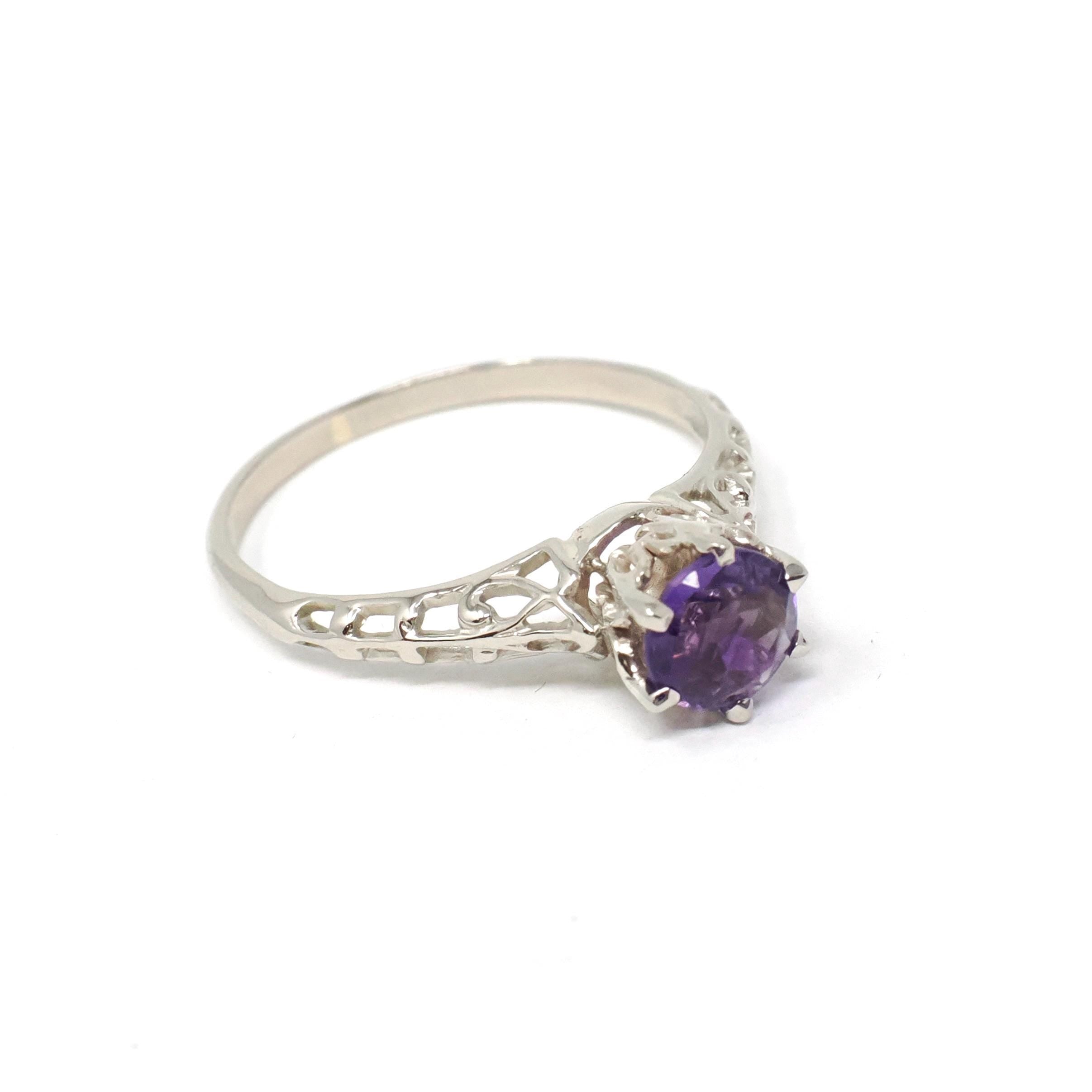 Vintage Amethyst Ring - Art Deco 10k White Gold Round Solitaire Gemstone Filigree - Circa 1930s Era Size 5 3/4 February Fine 30s Jewelry