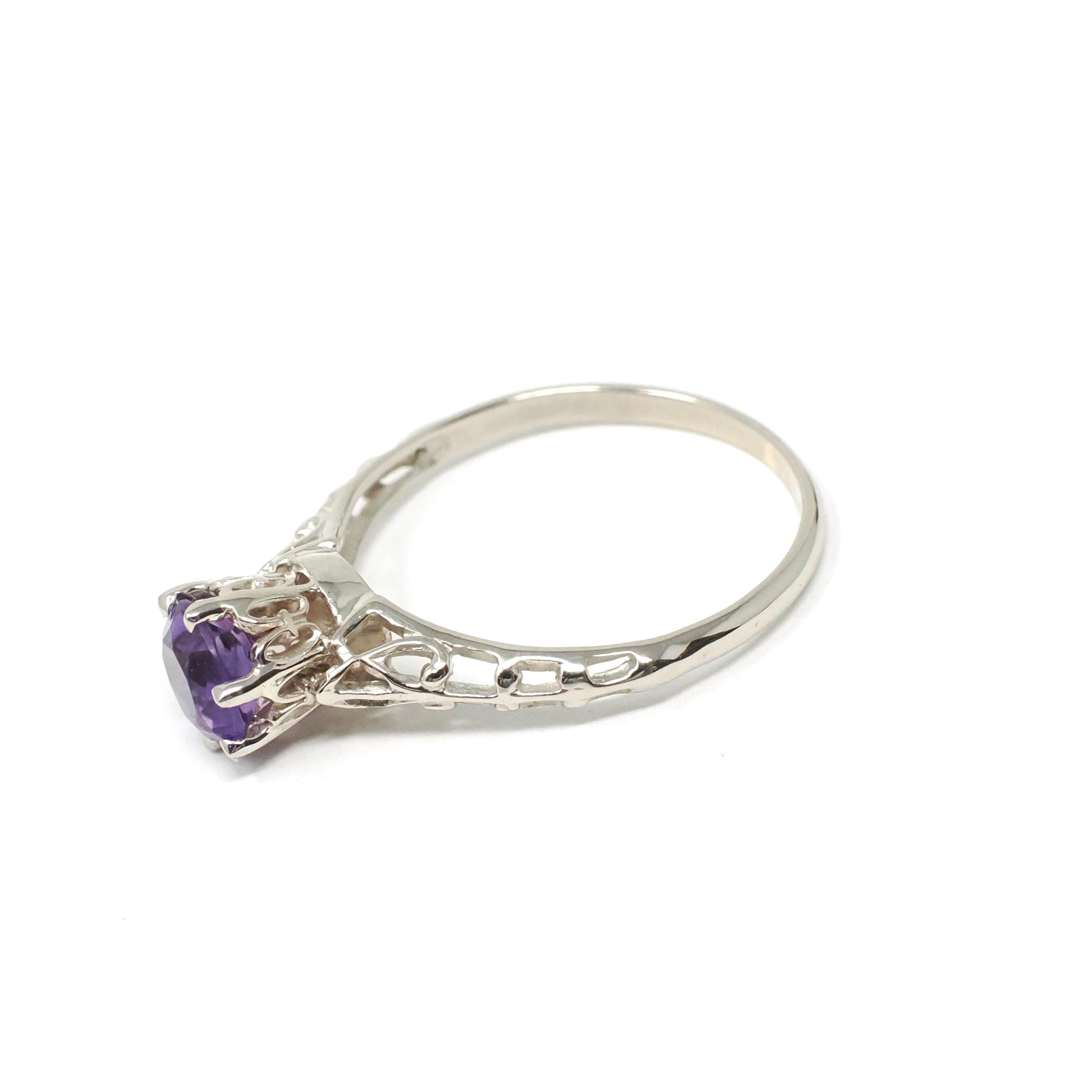 Vintage Amethyst Ring - Art Deco 10k White Gold Round Solitaire Gemstone Filigree - Circa 1930s Era Size 5 3/4 February Fine 30s Jewelry