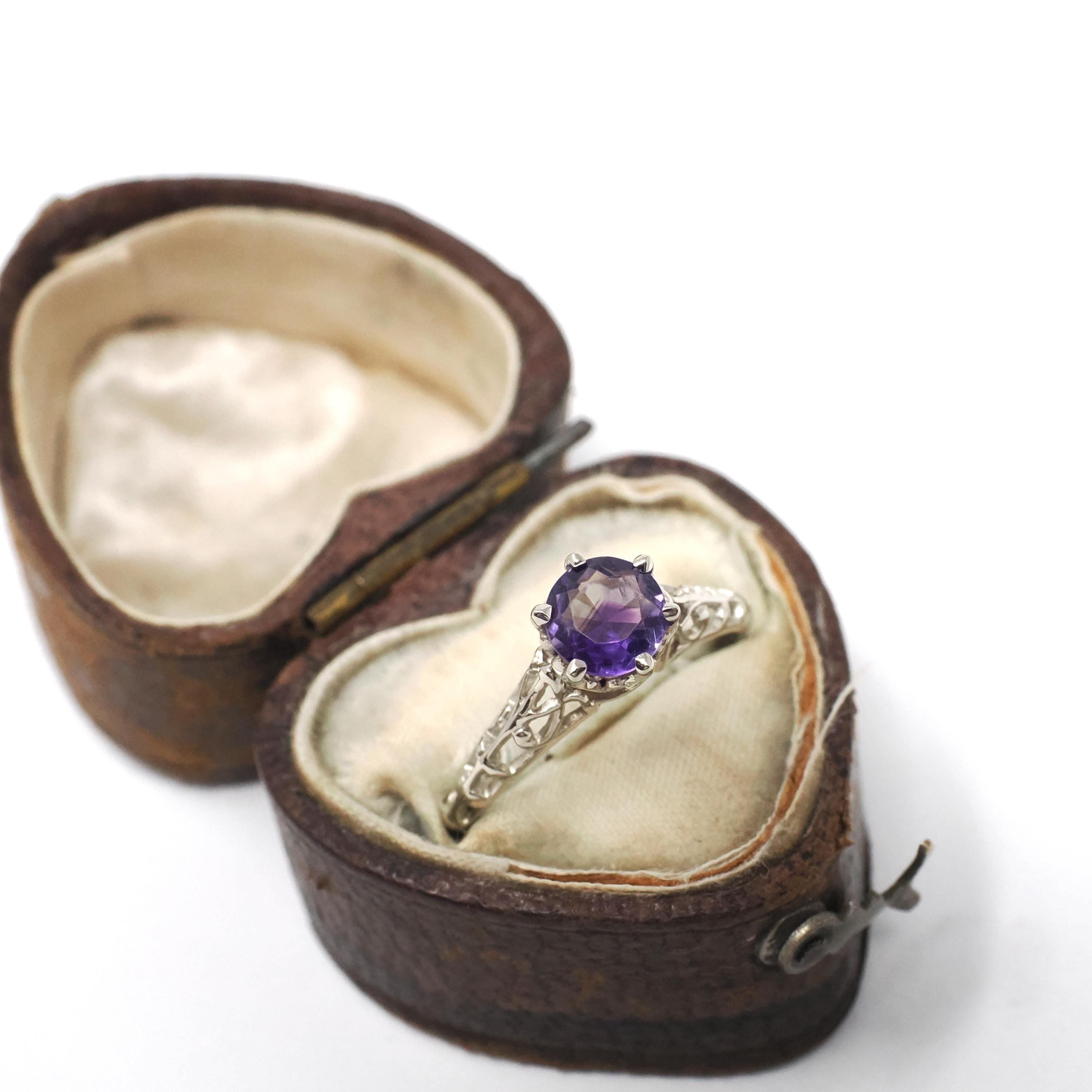 Vintage Amethyst Ring - Art Deco 10k White Gold Round Solitaire Gemstone Filigree - Circa 1930s Era Size 5 3/4 February Fine 30s Jewelry