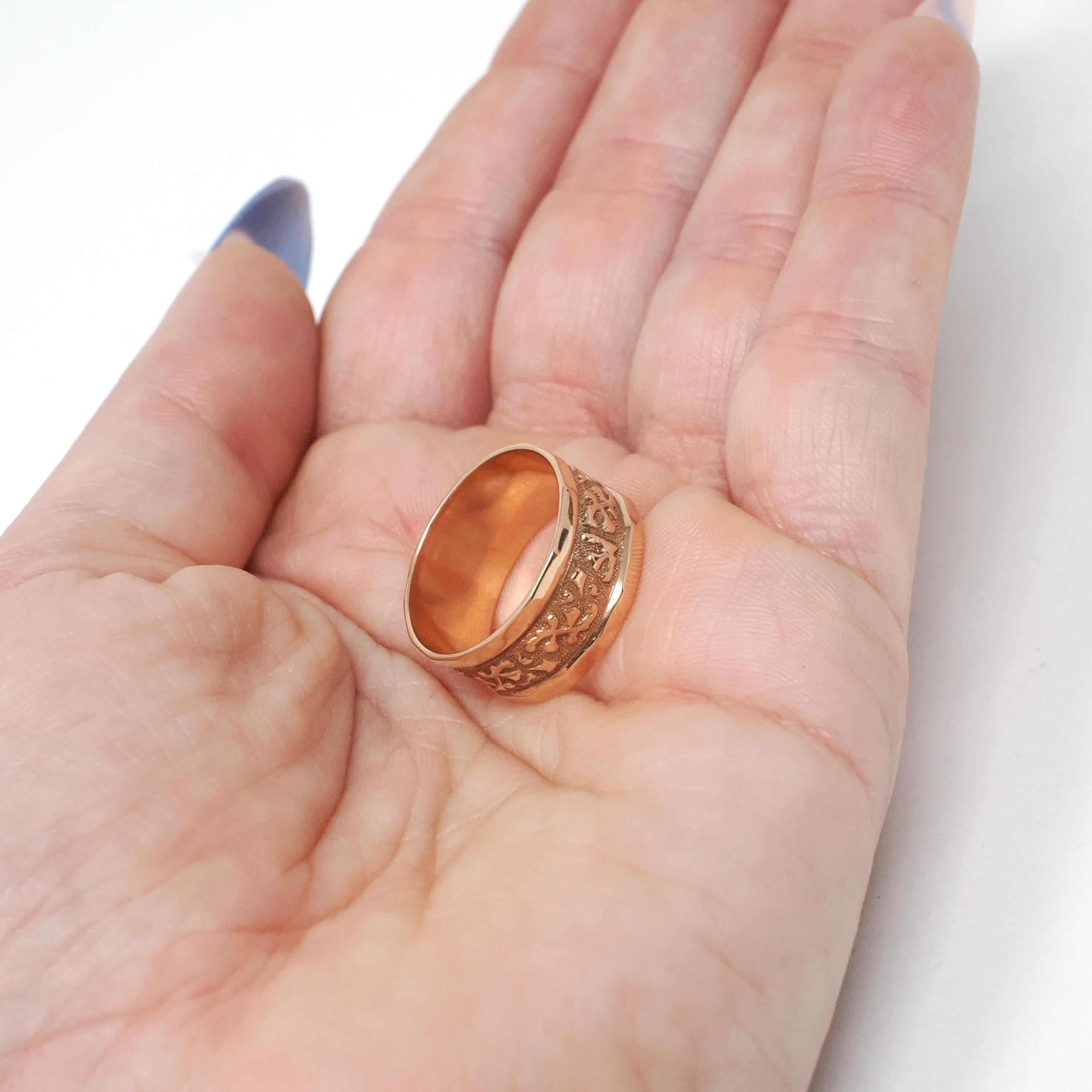 Antique Cigar Band - Edwardian 10k Rose Gold Nature Inspired Designs Wide Ring - Vintage Circa 1900s Size 6 Unisex Fine Statement Jewelry