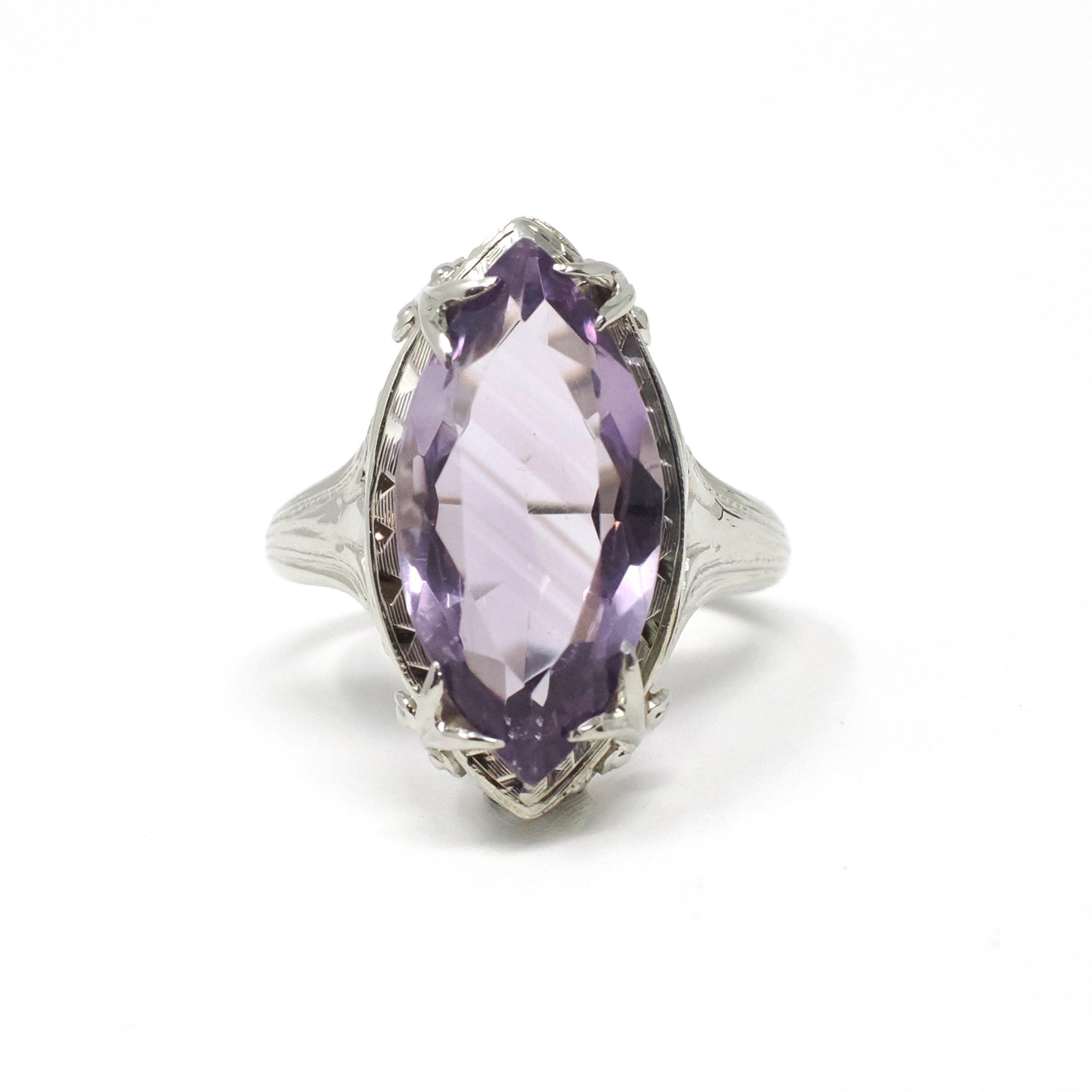 Art Deco Amethyst Ring - Vintage 14k 18k White Gold Marquise Gemstone Die Struck Filigree - Circa 1930s Era Size 6 Statement Fine Jewelry