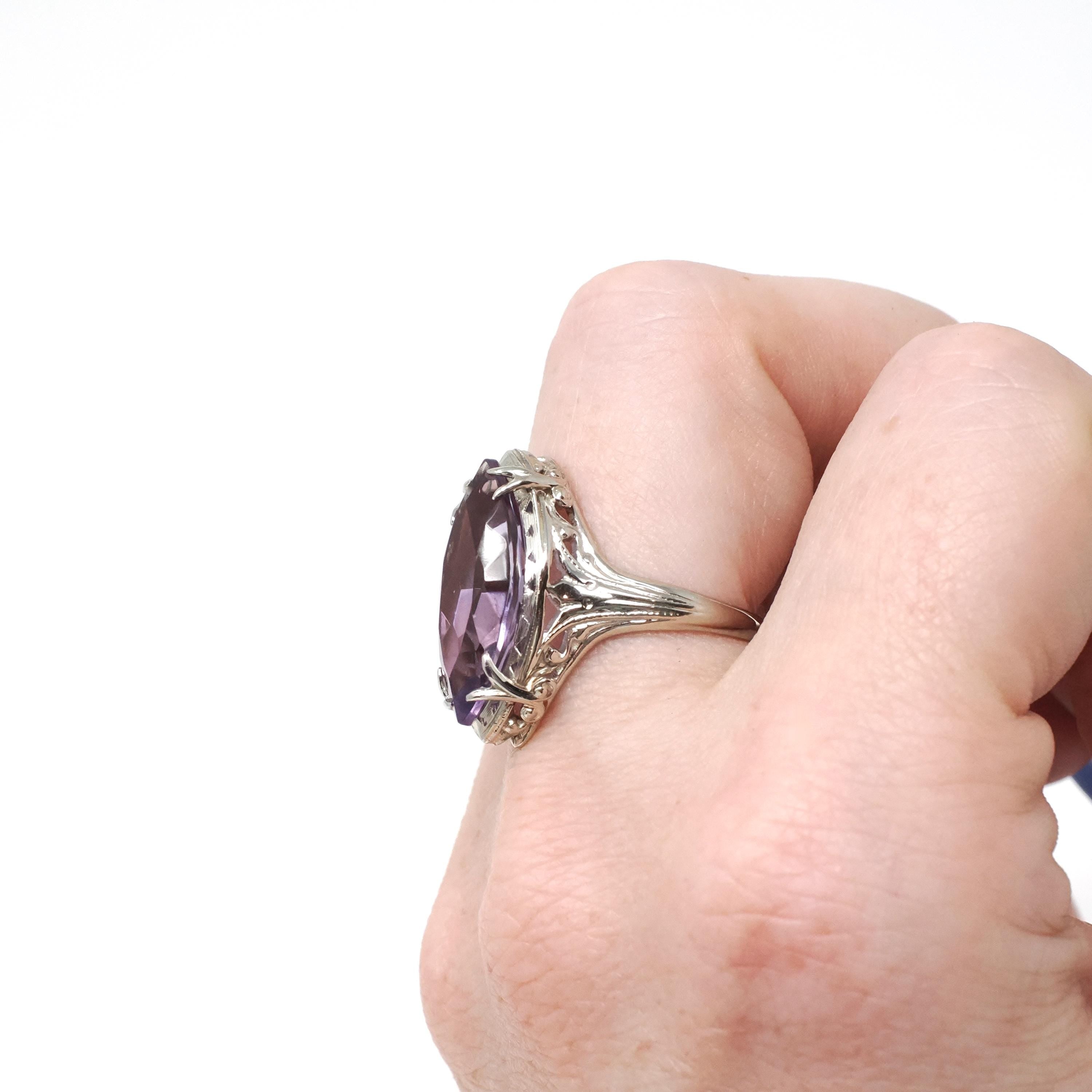 Art Deco Amethyst Ring - Vintage 14k 18k White Gold Marquise Gemstone Die Struck Filigree - Circa 1930s Era Size 6 Statement Fine Jewelry