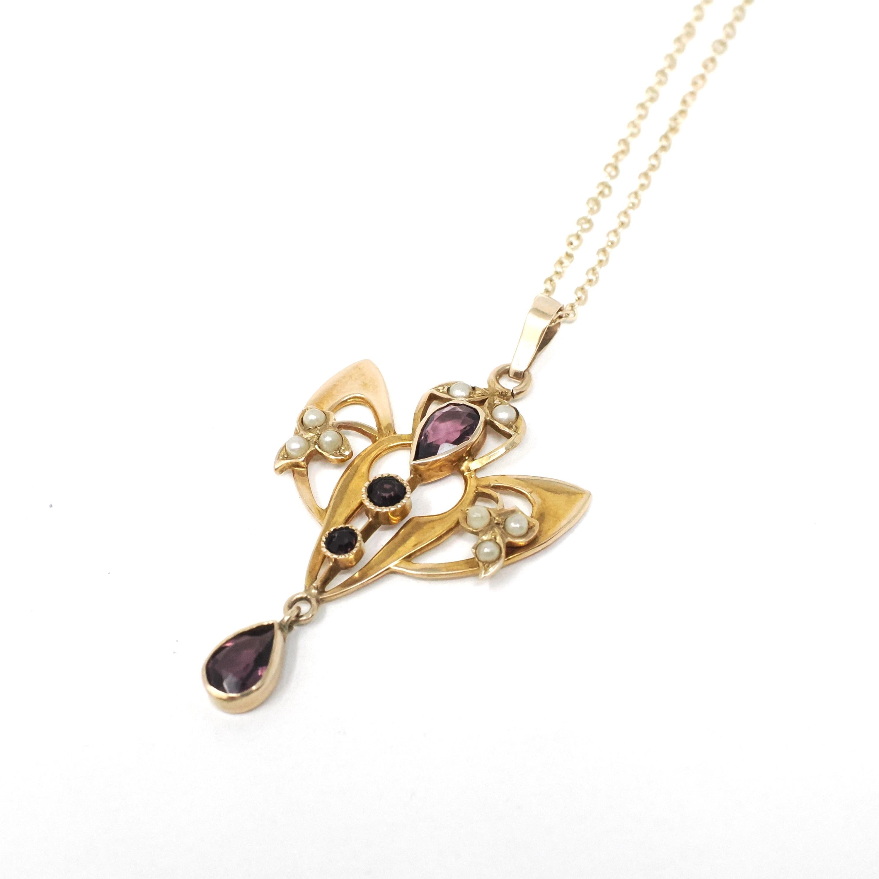 Antique Lavalier Necklace - Edwardian 10k Yellow Gold Simulated Amethyst Seed Pearl Pendant - Circa 1910s Purple Glass Dainty Fine Jewelry