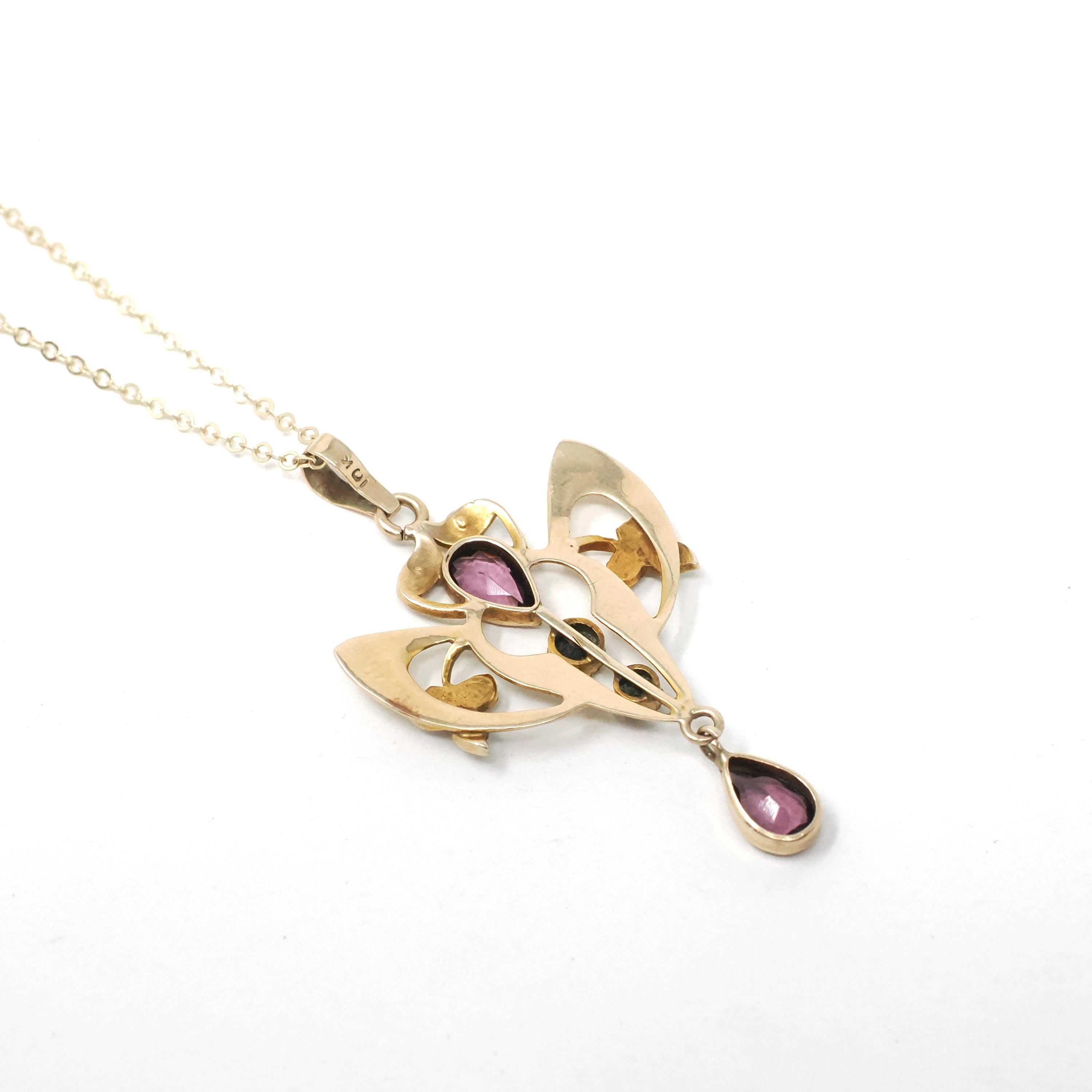 Antique Lavalier Necklace - Edwardian 10k Yellow Gold Simulated Amethyst Seed Pearl Pendant - Circa 1910s Purple Glass Dainty Fine Jewelry