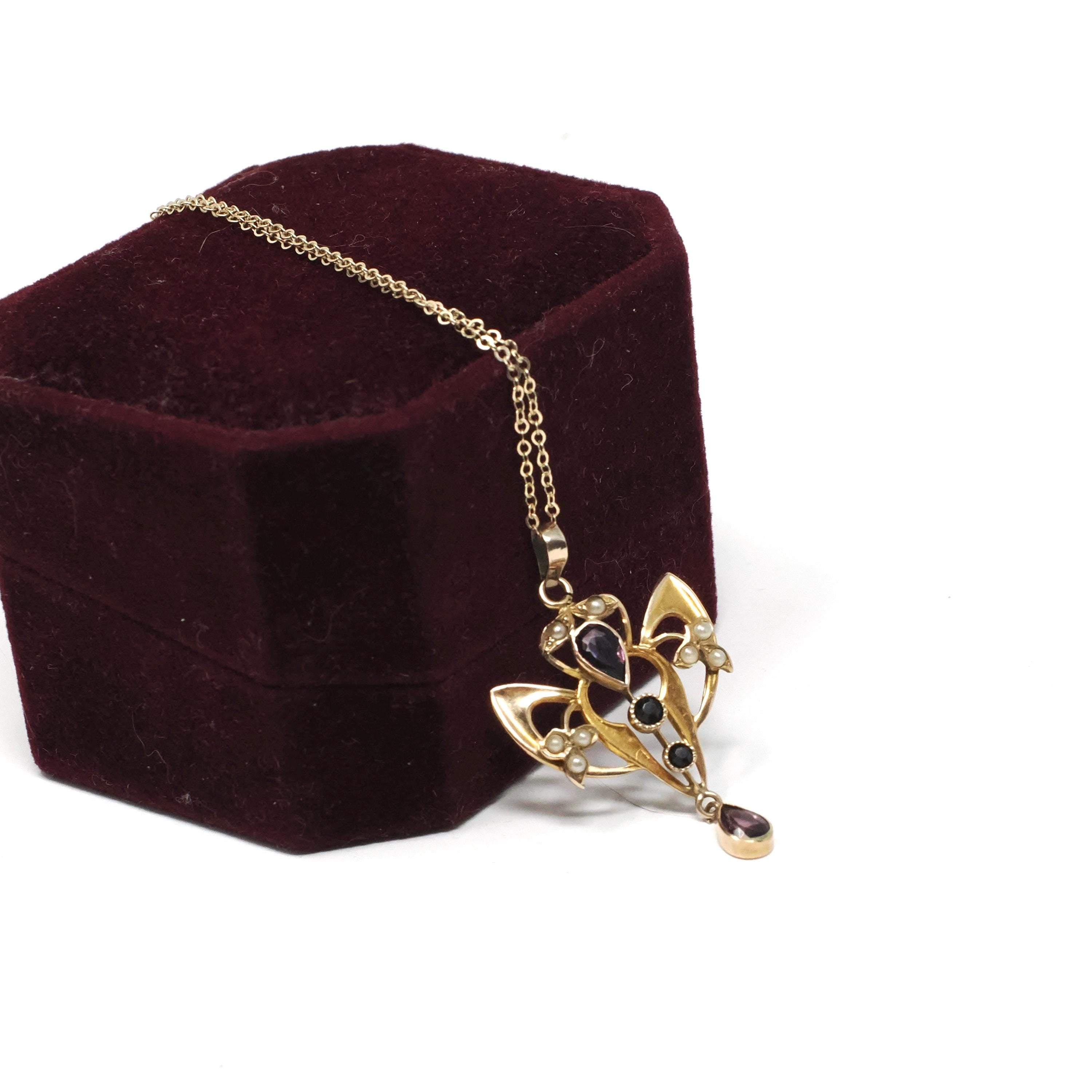 Antique Lavalier Necklace - Edwardian 10k Yellow Gold Simulated Amethyst Seed Pearl Pendant - Circa 1910s Purple Glass Dainty Fine Jewelry