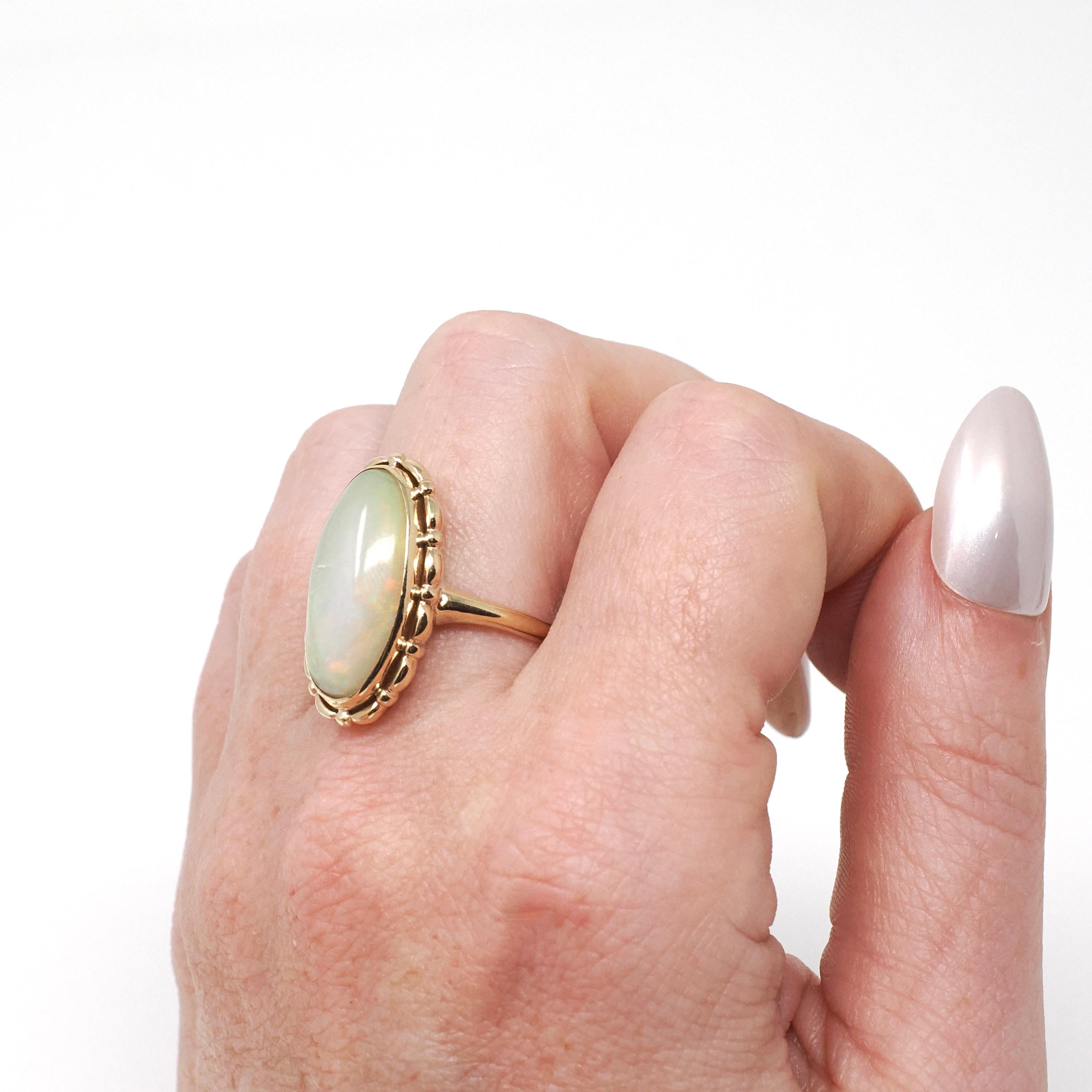 Opal Doublet Ring - Retro 14k Yellow Gold Oval Cabochon Gemstone - Vintage Circa 1960s Era Size 7 Fine Statement October Birthstone Jewelry