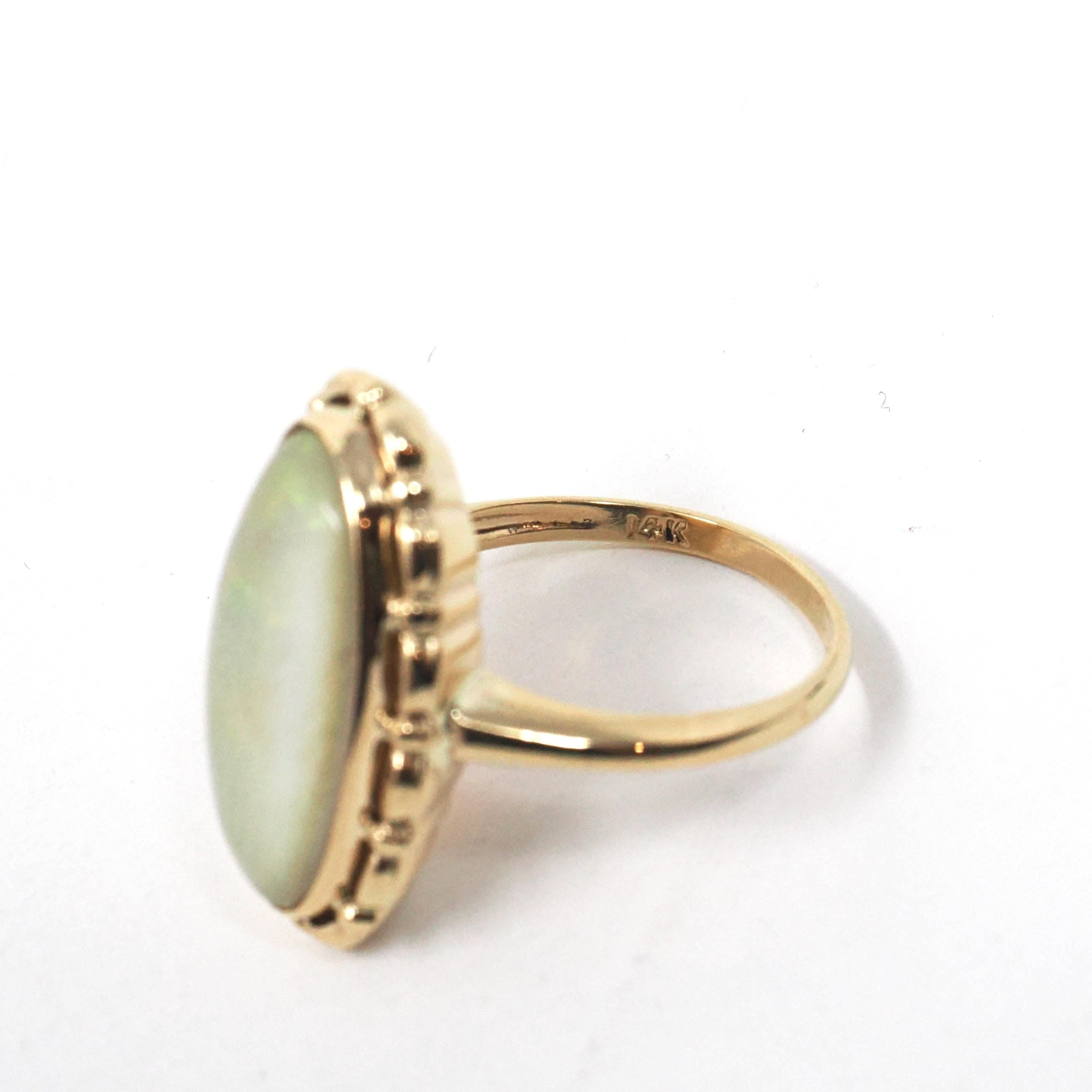 Opal Doublet Ring - Retro 14k Yellow Gold Oval Cabochon Gemstone - Vintage Circa 1960s Era Size 7 Fine Statement October Birthstone Jewelry