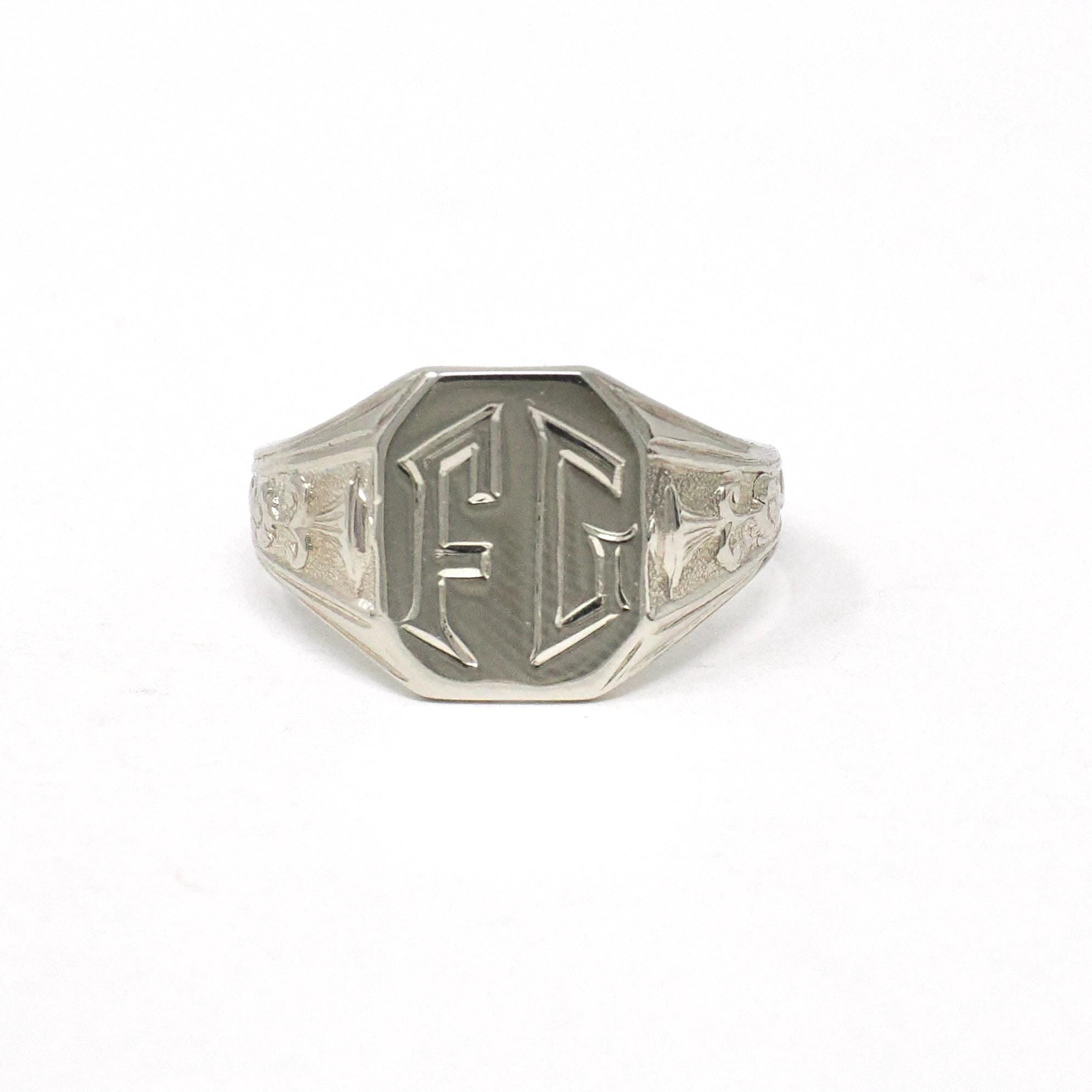 Initials "FG" Ring - Art Deco Era 14k White Gold Engraved Signet Ring - Circa 1930s Era Size 4 1/4 Mens Unisex Pinky Fine Statement Jewelry