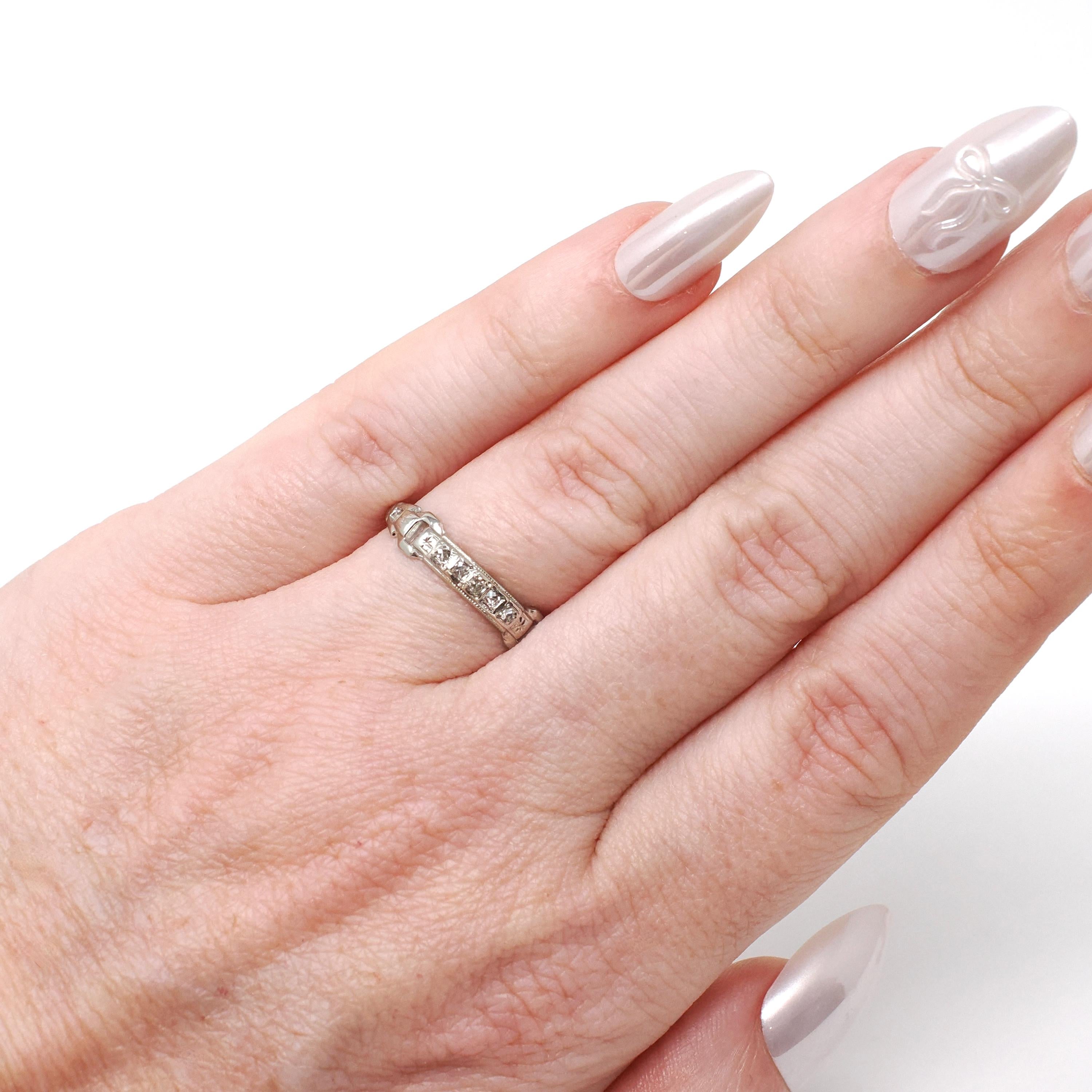 Diamond Buckle Band - Mid Century 14k White Gold Natural .07 CTW Vintage Cuts Wedding Ring - Circa 40s Size 4.5 Bridal Stacking Fine Jewelry