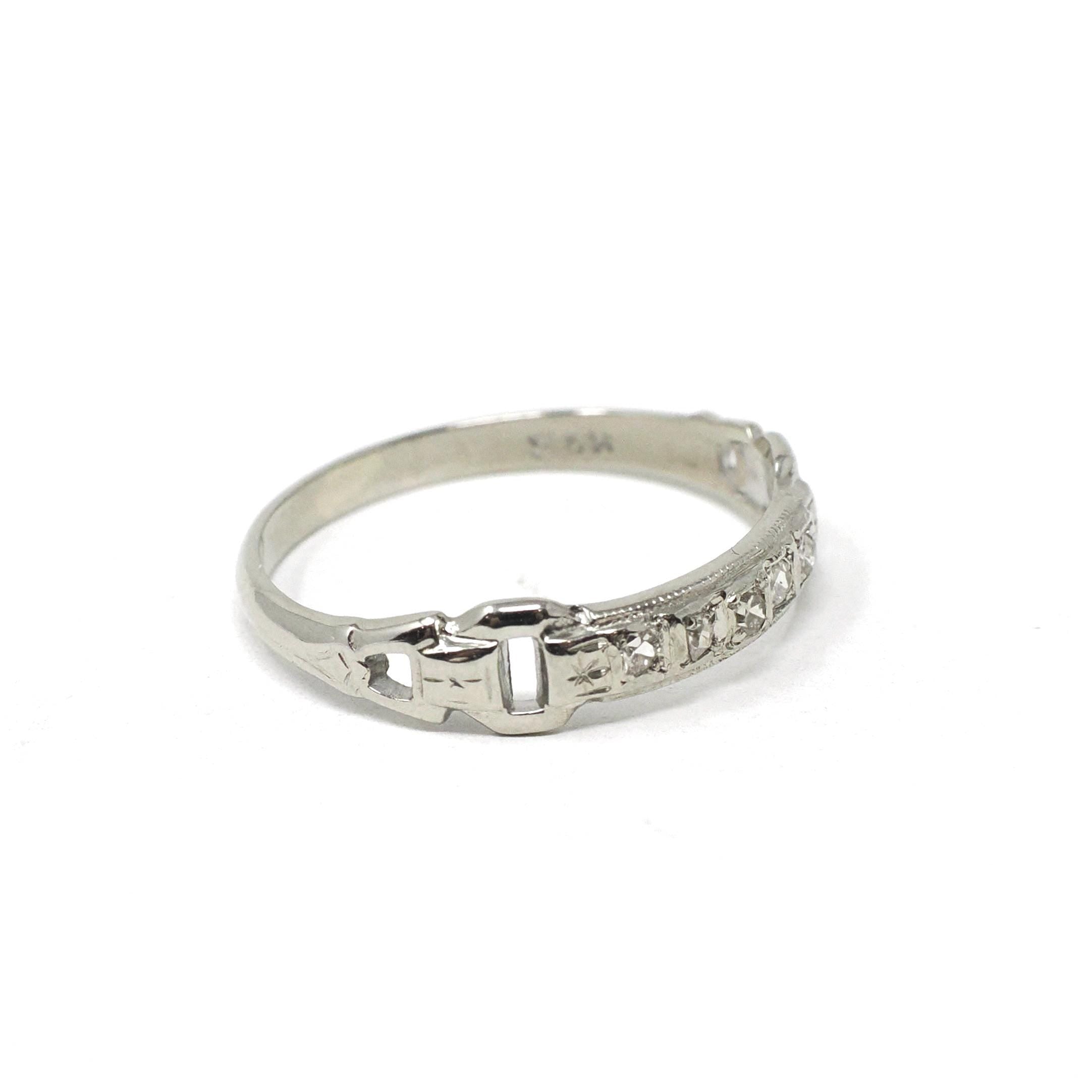 Diamond Buckle Band - Mid Century 14k White Gold Natural .07 CTW Vintage Cuts Wedding Ring - Circa 40s Size 4.5 Bridal Stacking Fine Jewelry