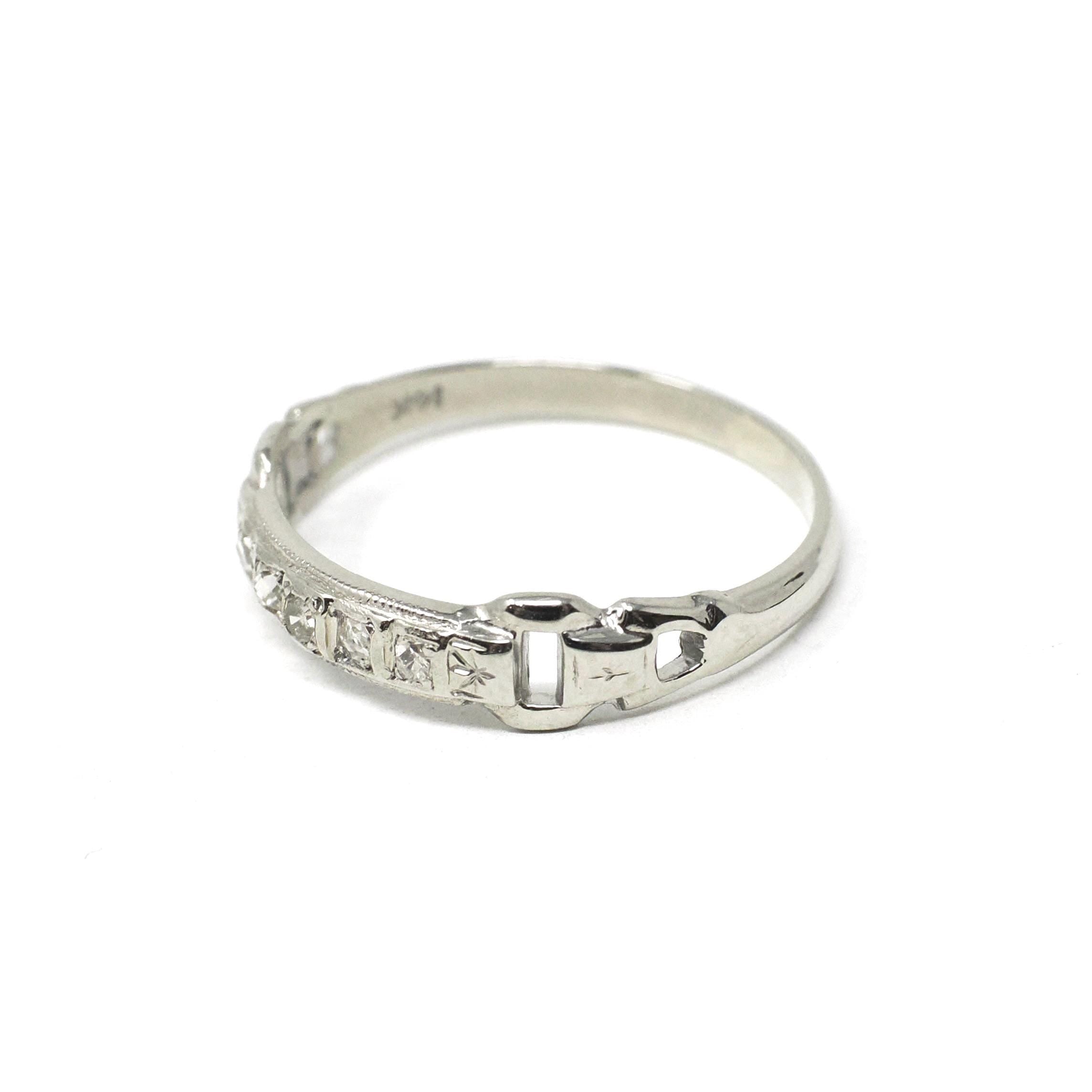 Diamond Buckle Band - Mid Century 14k White Gold Natural .07 CTW Vintage Cuts Wedding Ring - Circa 40s Size 4.5 Bridal Stacking Fine Jewelry
