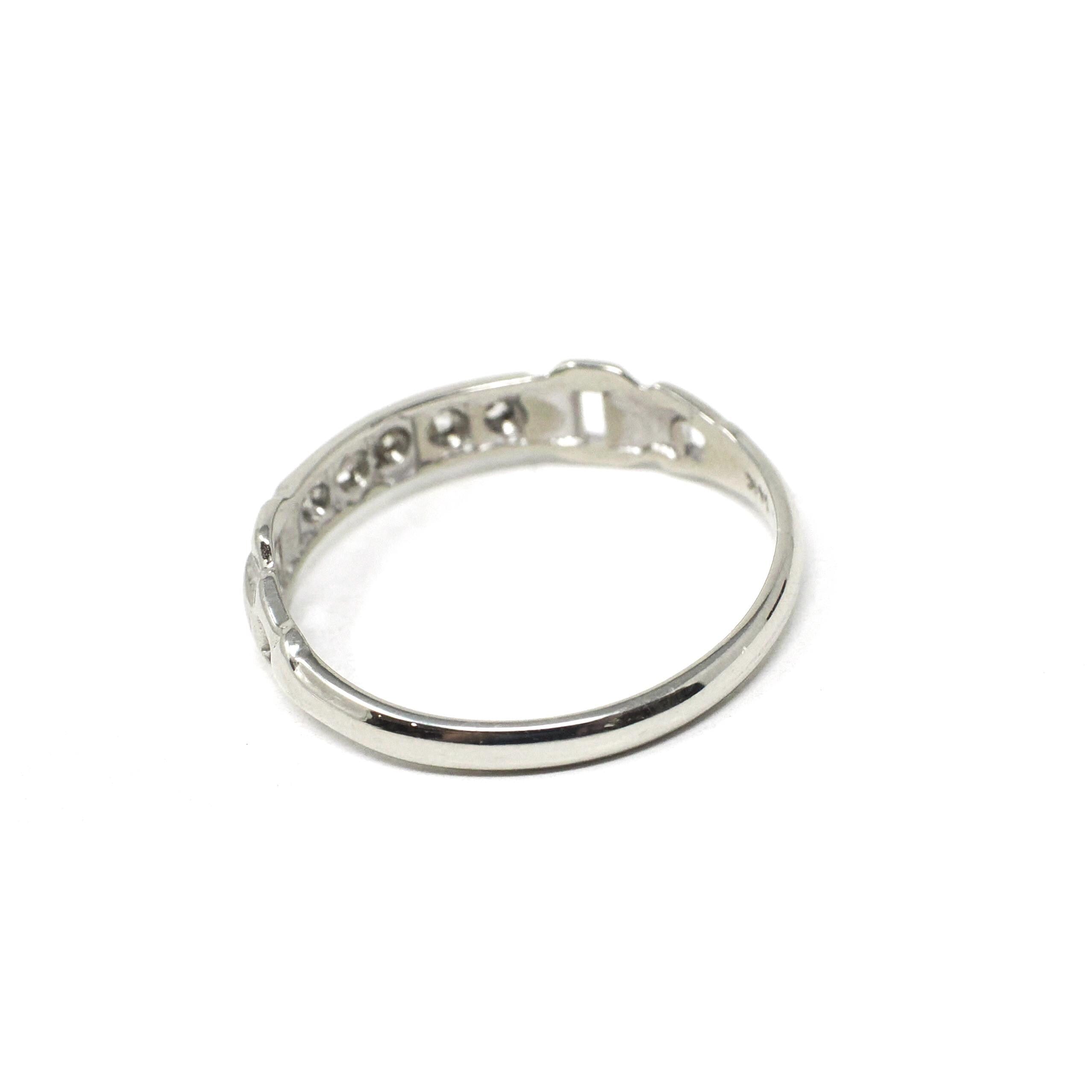 Diamond Buckle Band - Mid Century 14k White Gold Natural .07 CTW Vintage Cuts Wedding Ring - Circa 40s Size 4.5 Bridal Stacking Fine Jewelry
