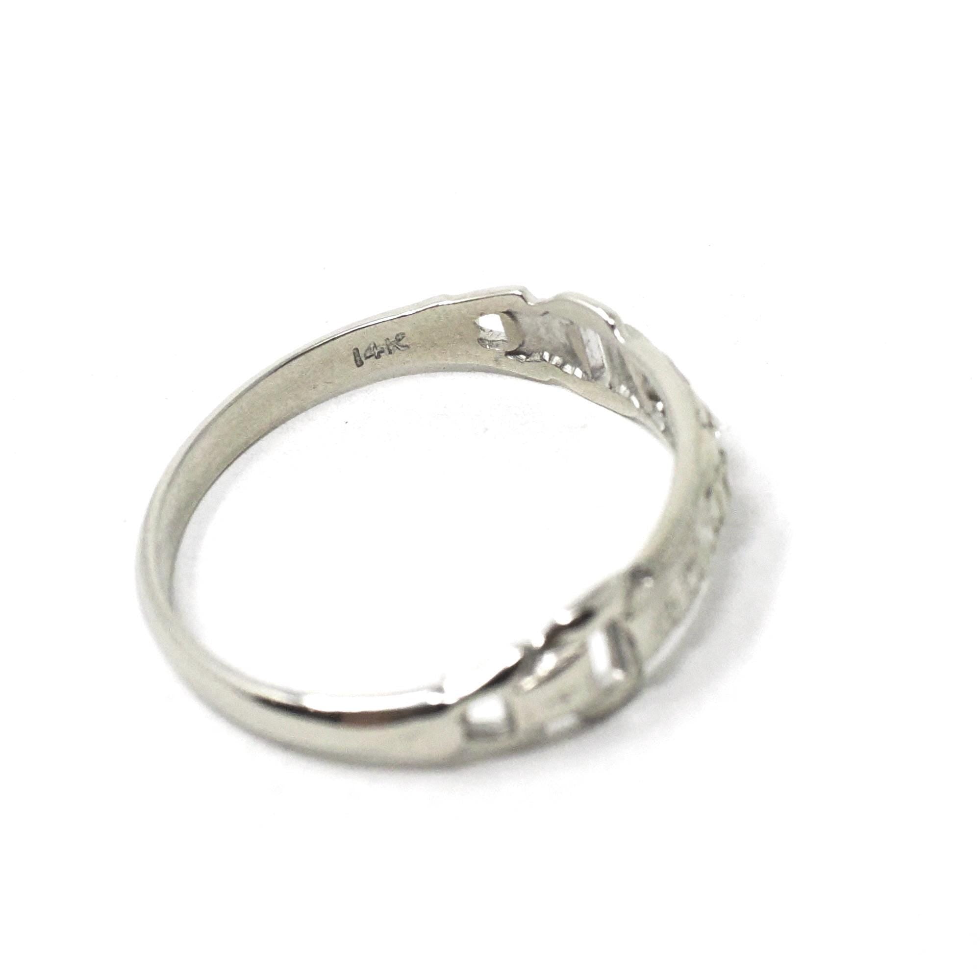Diamond Buckle Band - Mid Century 14k White Gold Natural .07 CTW Vintage Cuts Wedding Ring - Circa 40s Size 4.5 Bridal Stacking Fine Jewelry