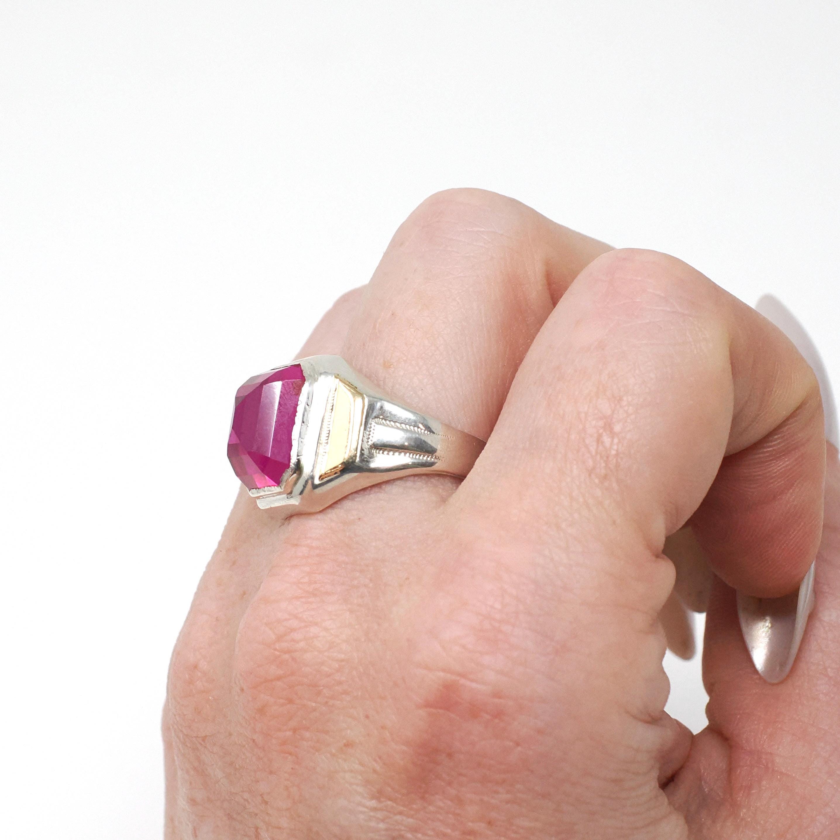 Created Ruby Ring - Mid Century Sterling Silver & 14k Gold Accents - Vintage Circa 1940s Era Size 9 1/4 July Birthstone Unisex Mens Jewelry