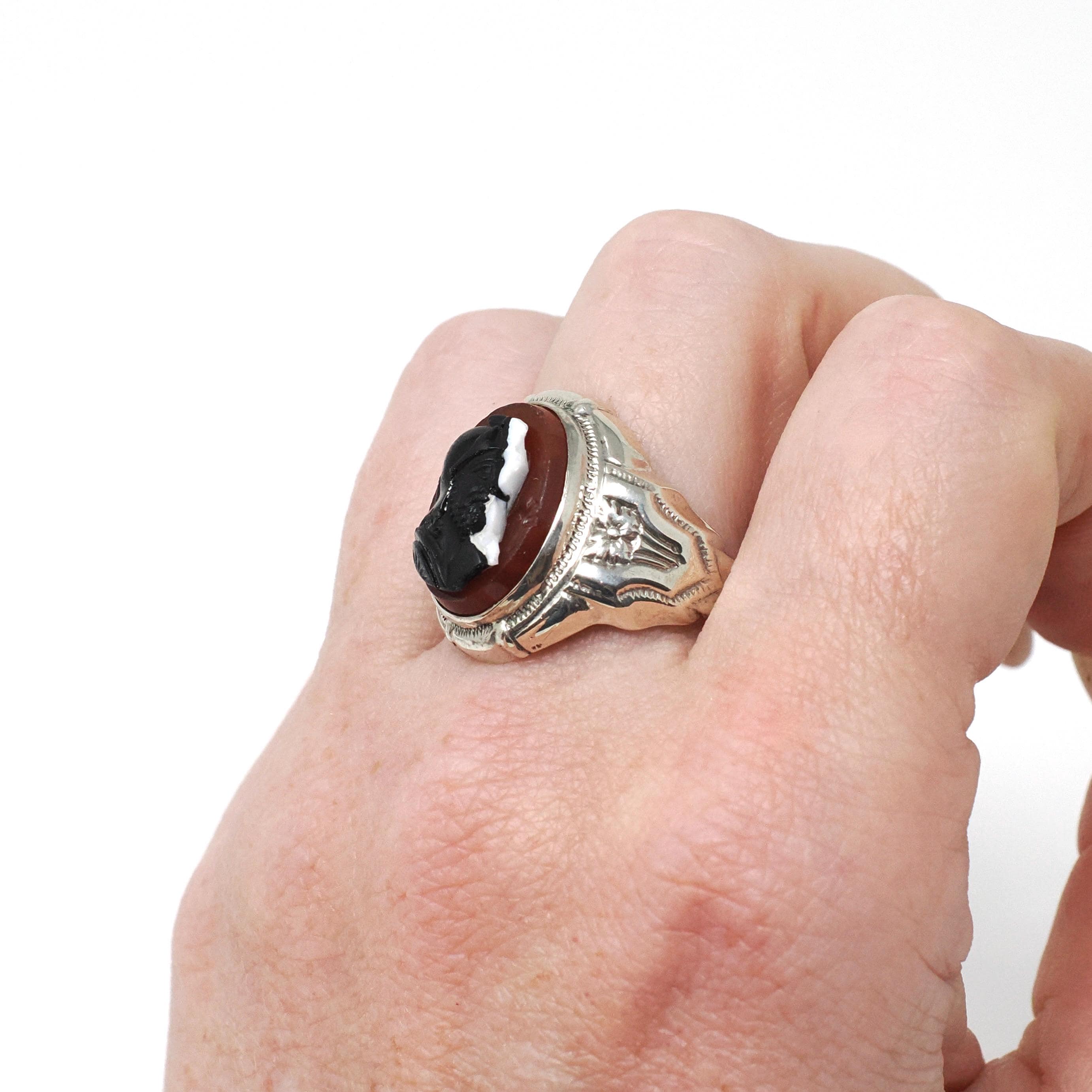 Vintage Cameo Ring - Art Deco Sterling Silver Oval Red Black White Assembled Glass Stone Portrait - Circa 30s Era Size 11 Statement Jewelry