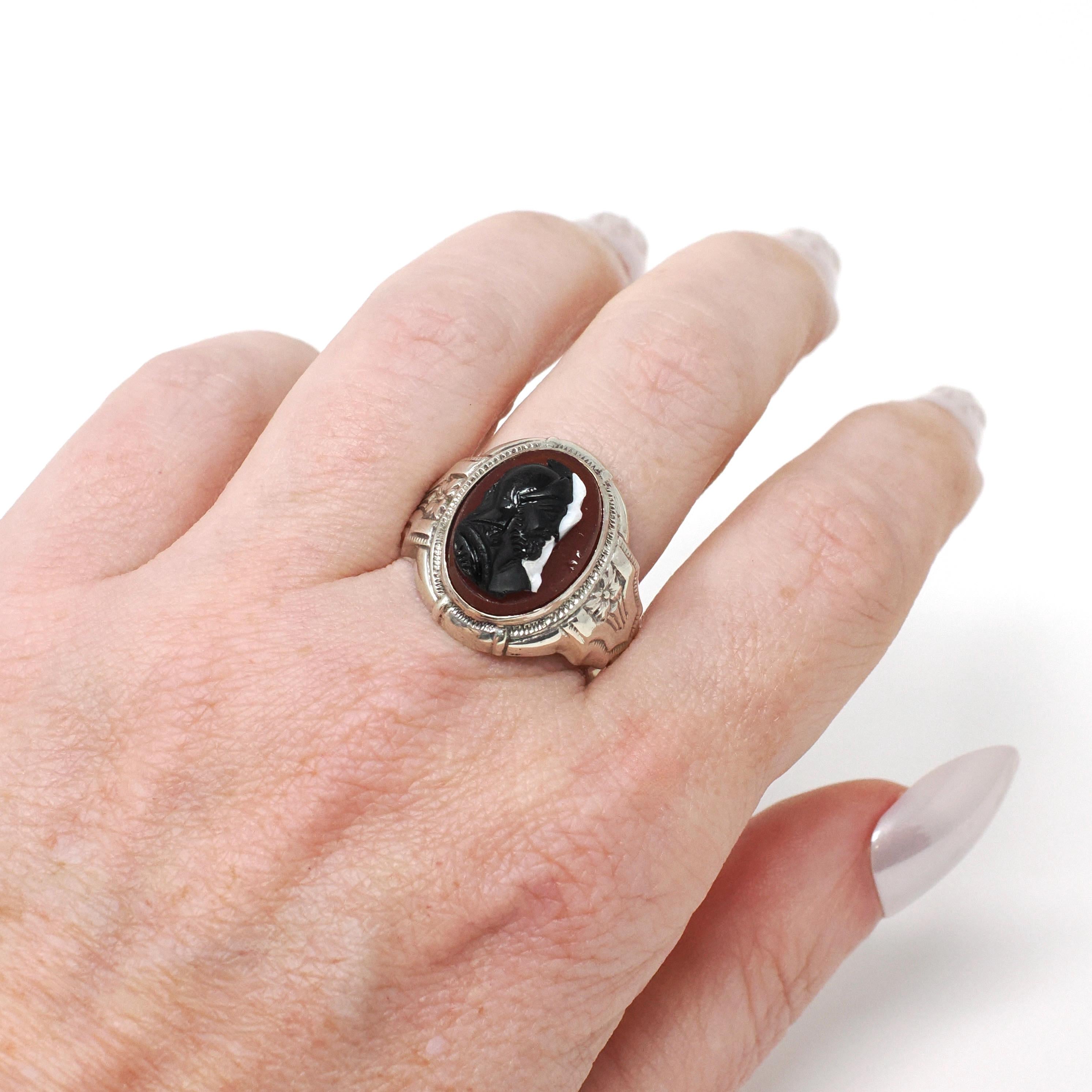 Vintage Cameo Ring - Art Deco Sterling Silver Oval Red Black White Assembled Glass Stone Portrait - Circa 30s Era Size 11 Statement Jewelry