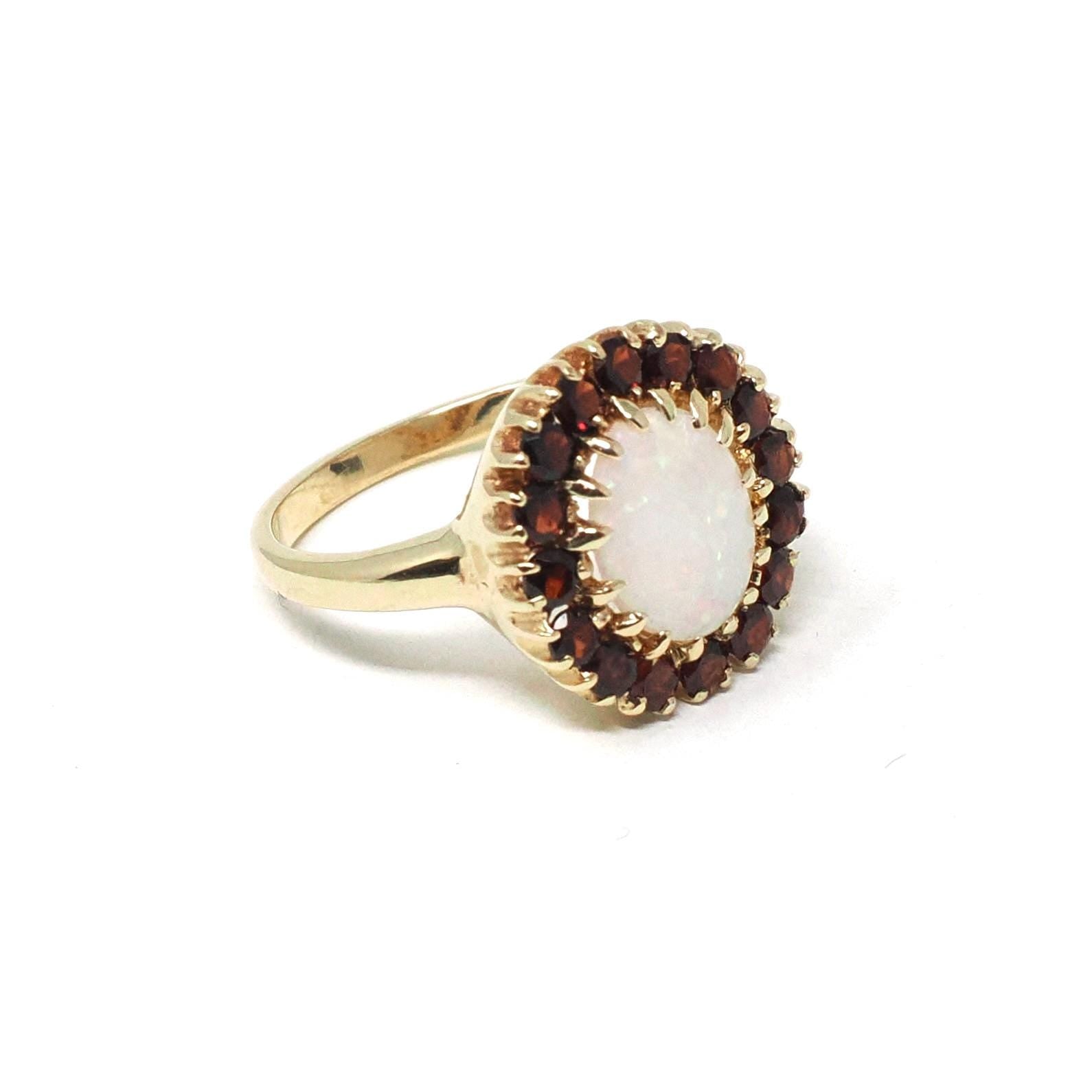 Opal & Garnet Ring - Modern 14k Yellow Gold Oval Halo Natural Gemstones Cluster - Estate Circa 1990s Era Size 4 1/4 Fine Birthstone Jewelry