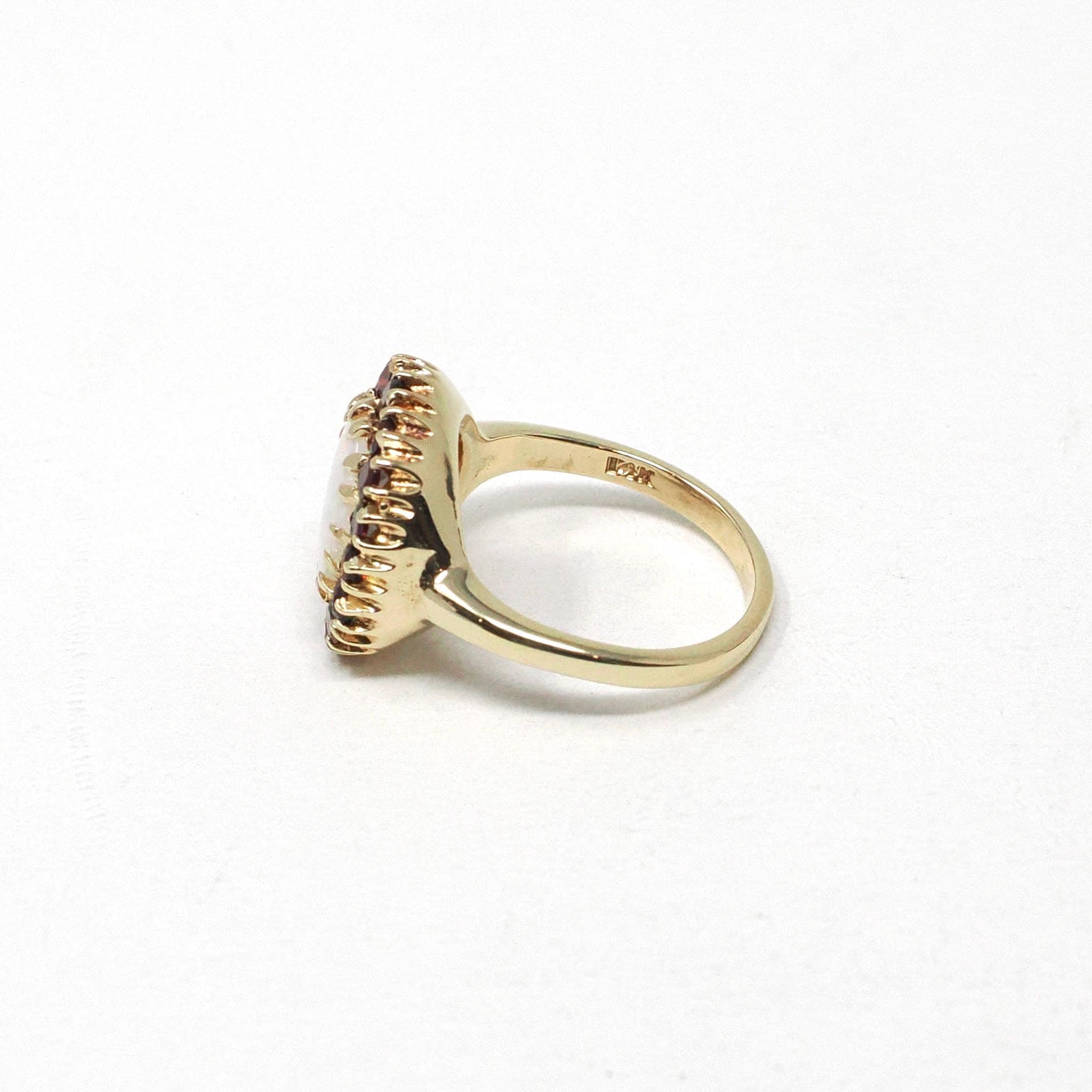 Opal & Garnet Ring - Modern 14k Yellow Gold Oval Halo Natural Gemstones Cluster - Estate Circa 1990s Era Size 4 1/4 Fine Birthstone Jewelry