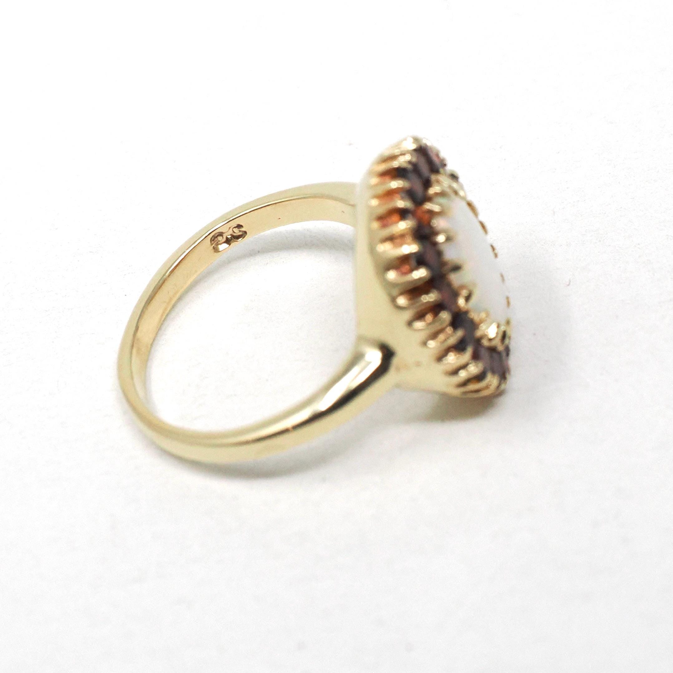 Opal & Garnet Ring - Modern 14k Yellow Gold Oval Halo Natural Gemstones Cluster - Estate Circa 1990s Era Size 4 1/4 Fine Birthstone Jewelry