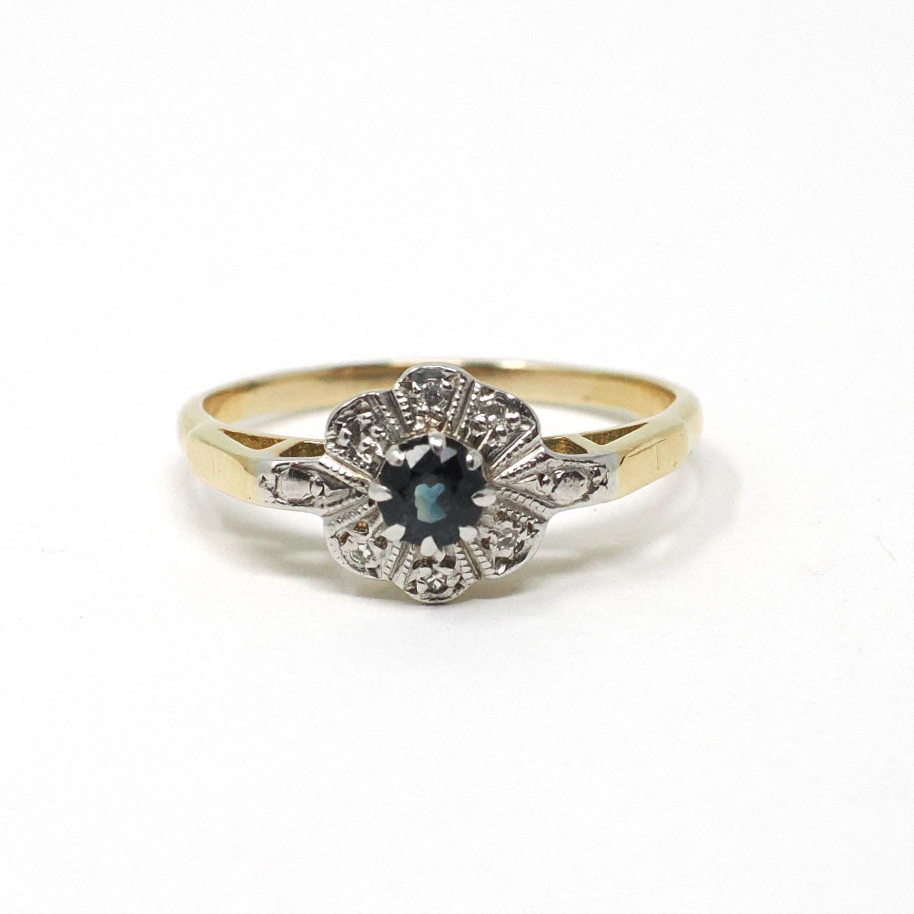Sapphire & Diamond Ring - Retro Era 18k Yellow And White Gold Natural Gemstone Halo - Circa 1960s Size 7 1/4 Engagement Fine Bridal Jewelry