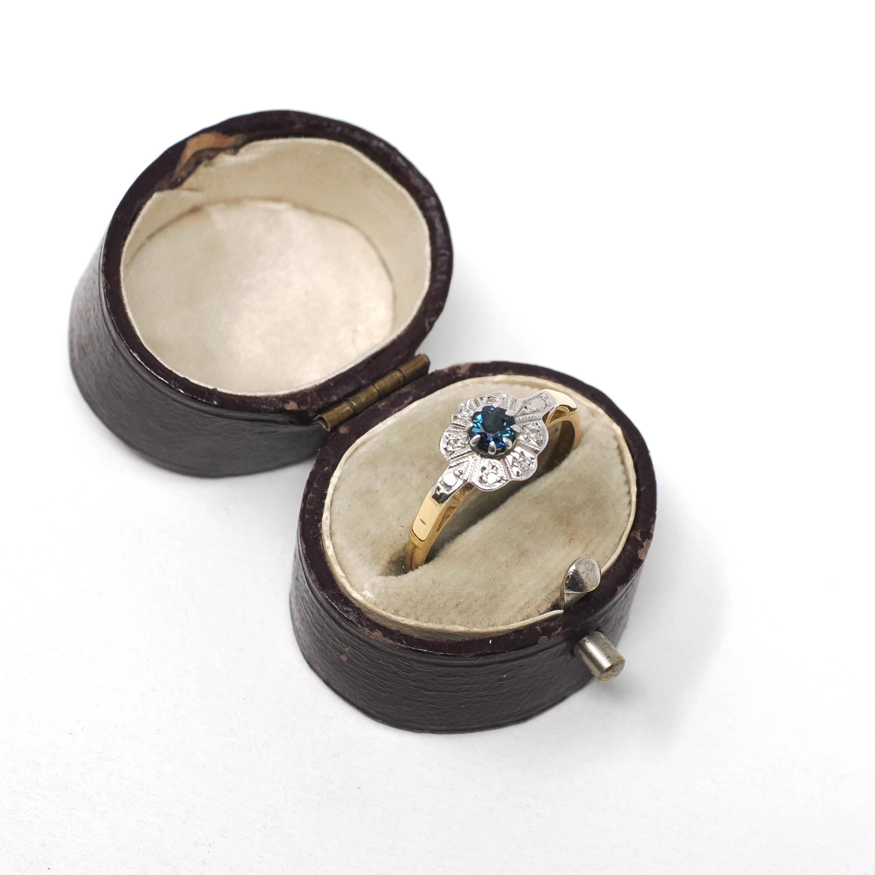 Sapphire & Diamond Ring - Retro Era 18k Yellow And White Gold Natural Gemstone Halo - Circa 1960s Size 7 1/4 Engagement Fine Bridal Jewelry