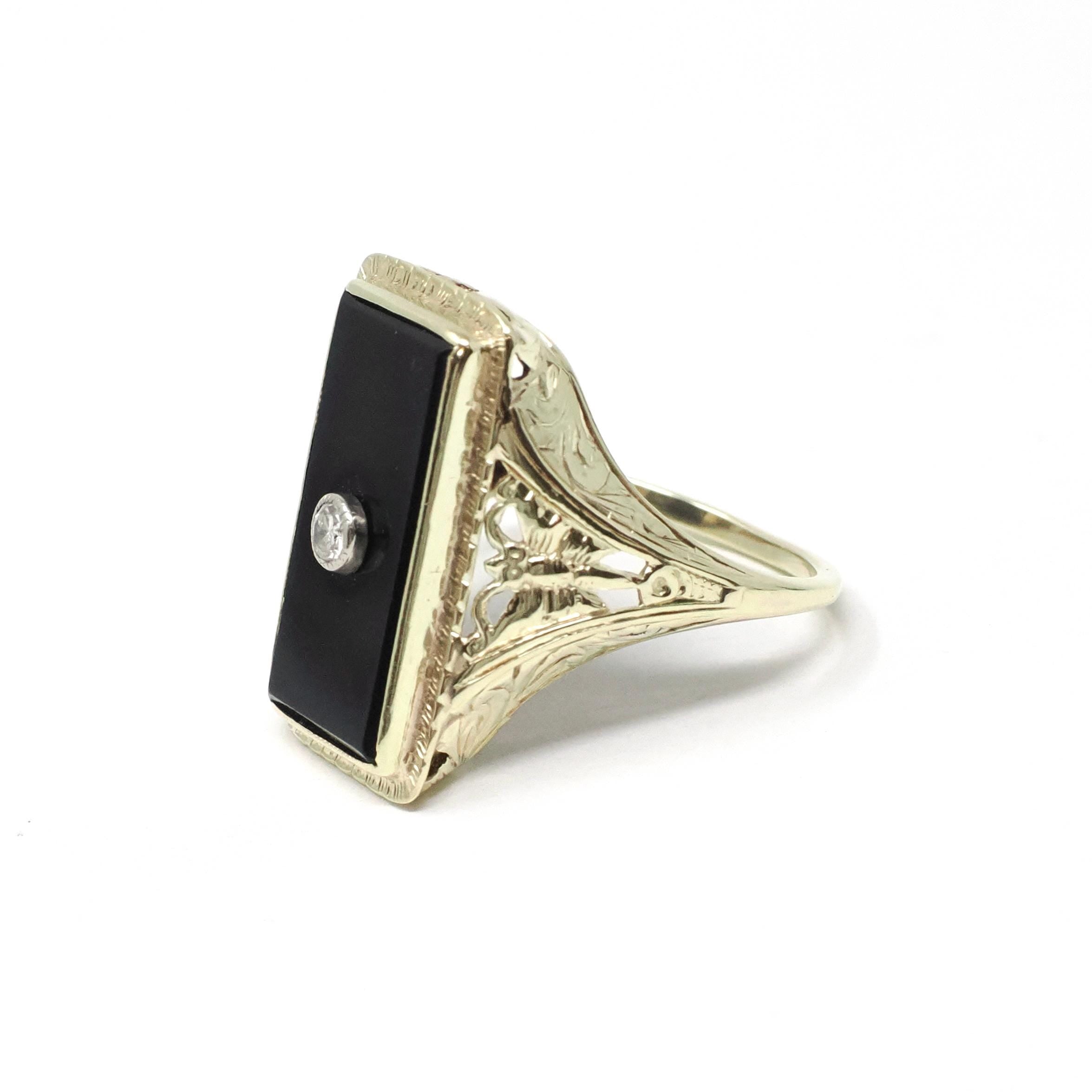 Onyx & Diamond Ring - Art Deco 14k Yellow Gold Black Gem Rectangle Butterfly Filigree - Vintage Circa 1930s Size 4.5 Fine Statement Jewelry