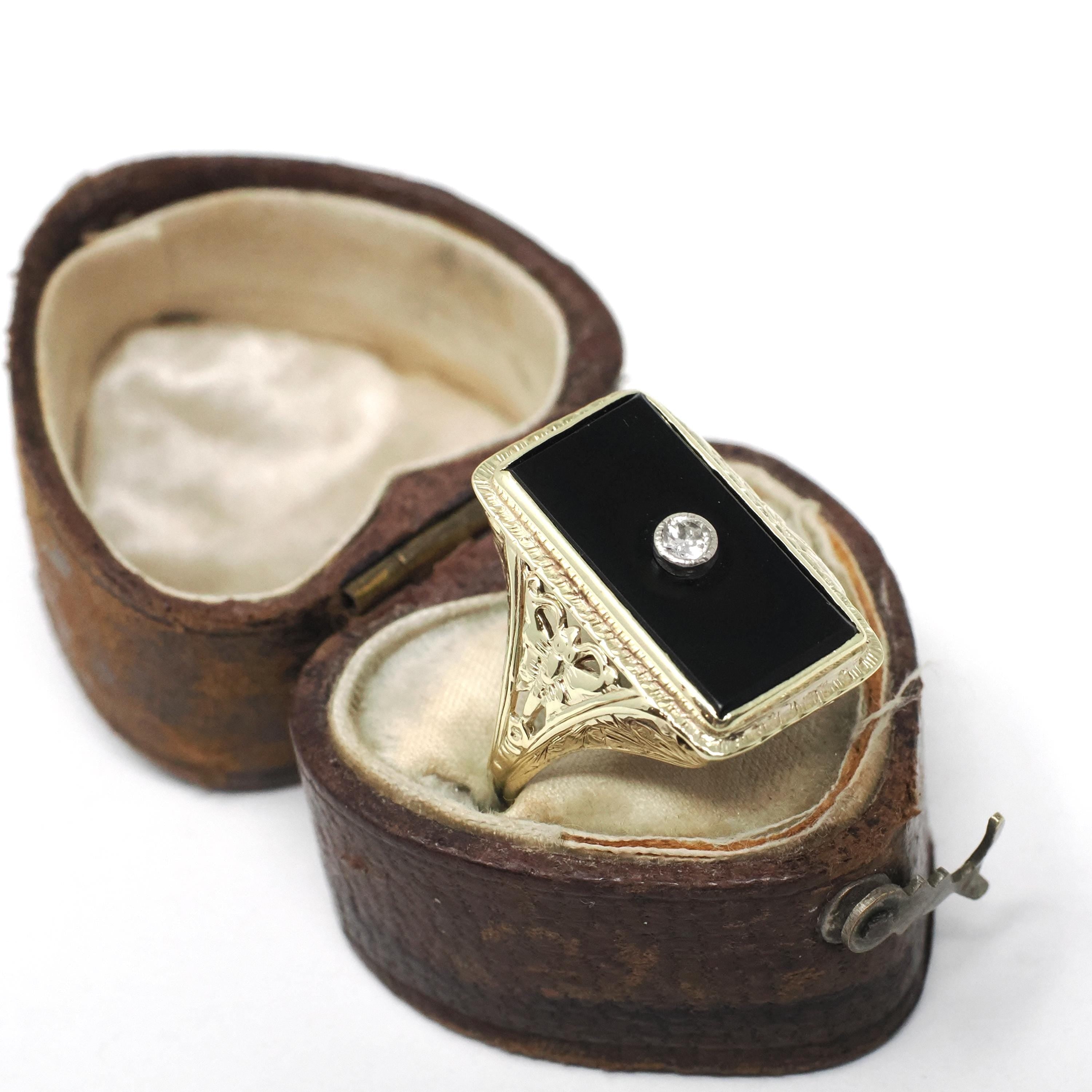 Onyx & Diamond Ring - Art Deco 14k Yellow Gold Black Gem Rectangle Butterfly Filigree - Vintage Circa 1930s Size 4.5 Fine Statement Jewelry