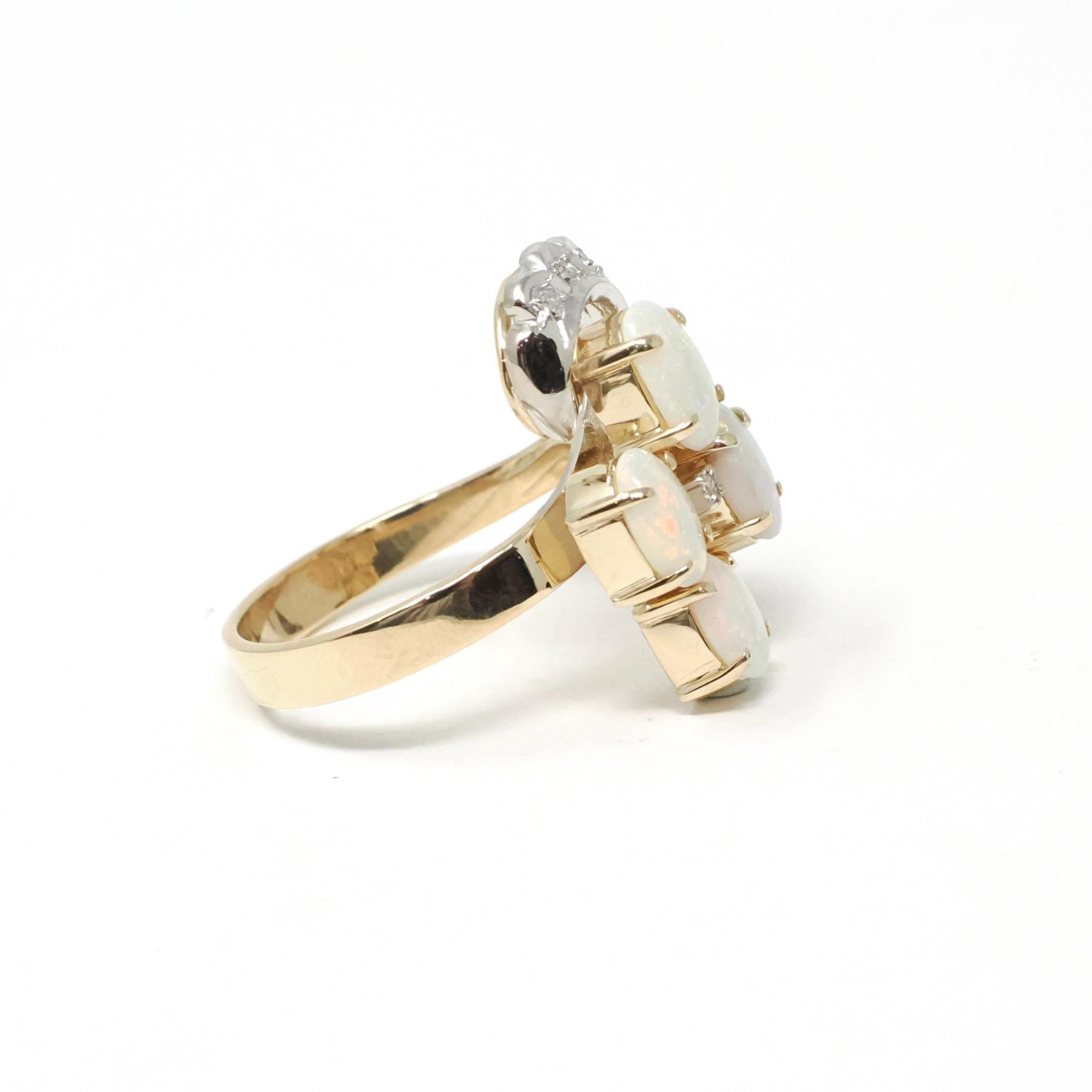 Opal Cluster Ring - Vintage 14k Yellow & White Gold Cabochon Cut Gems Diamond Accents - Retro Circa 1970s Size 7 1/4 Fine Statement Jewelry