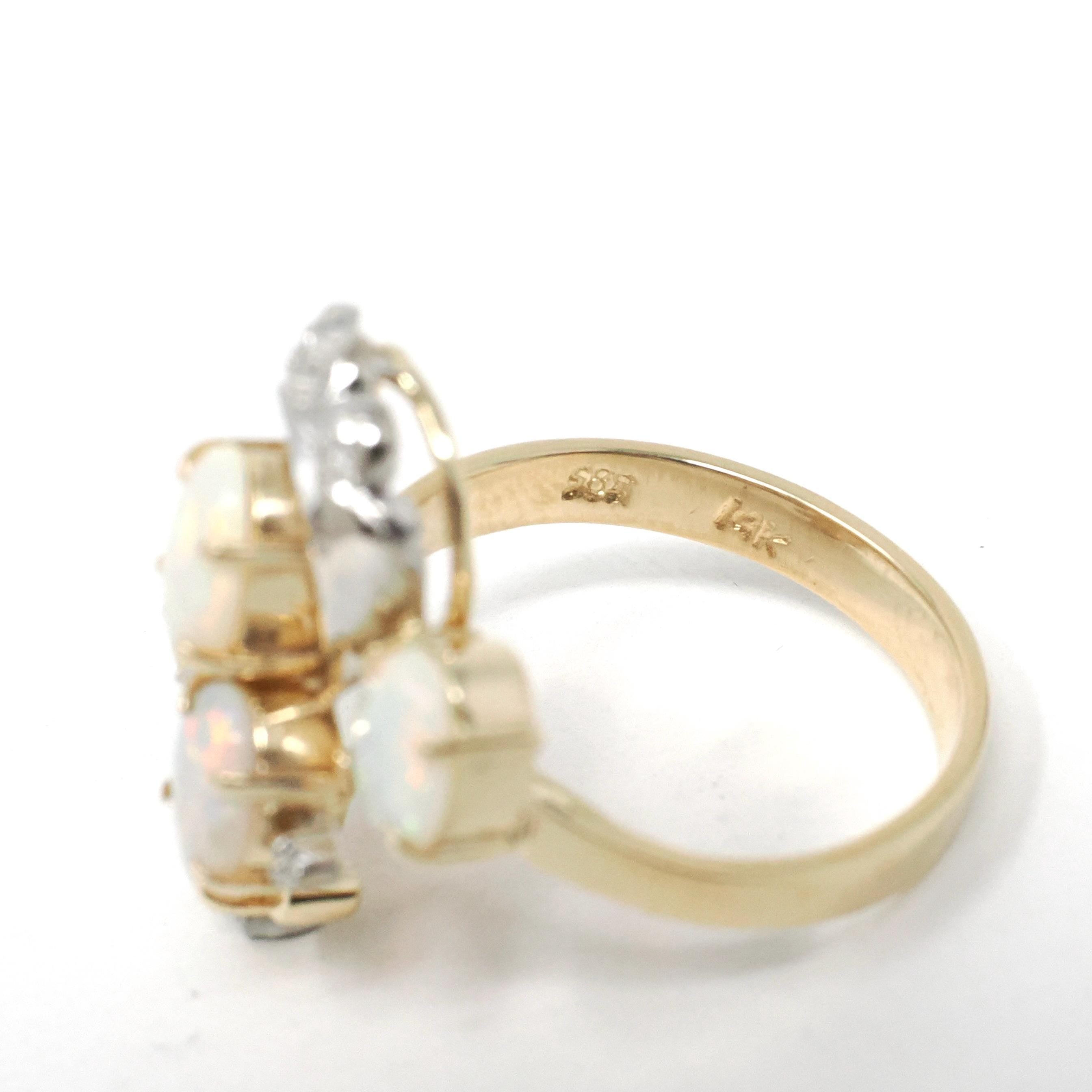 Opal Cluster Ring - Vintage 14k Yellow & White Gold Cabochon Cut Gems Diamond Accents - Retro Circa 1970s Size 7 1/4 Fine Statement Jewelry