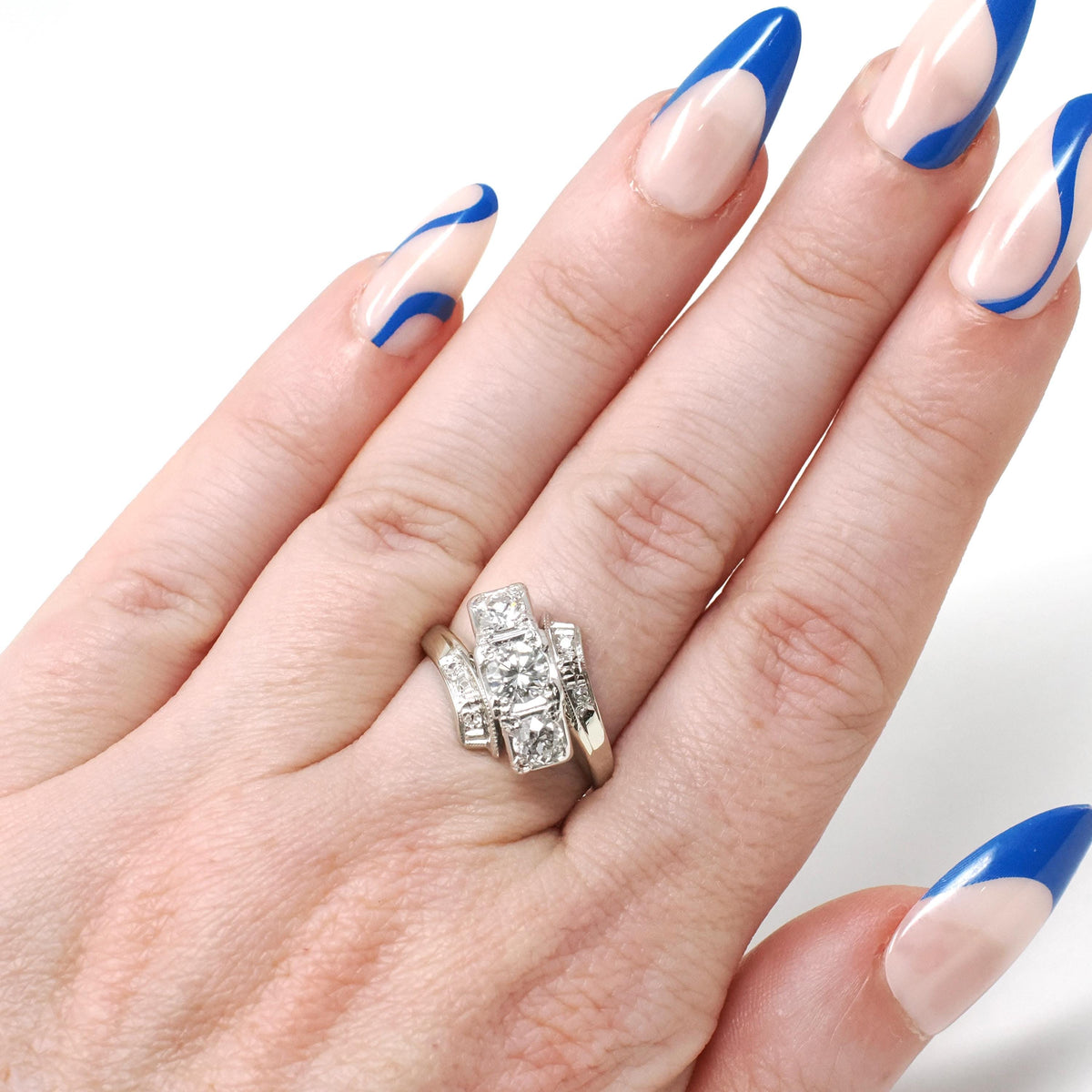 Mid Century Diamond Ring - Vintage 14k White Gold Natural Gemstones Bypass Cocktail - Circa 1950s Era Size 5 3/4 Fine Statement Jewelry