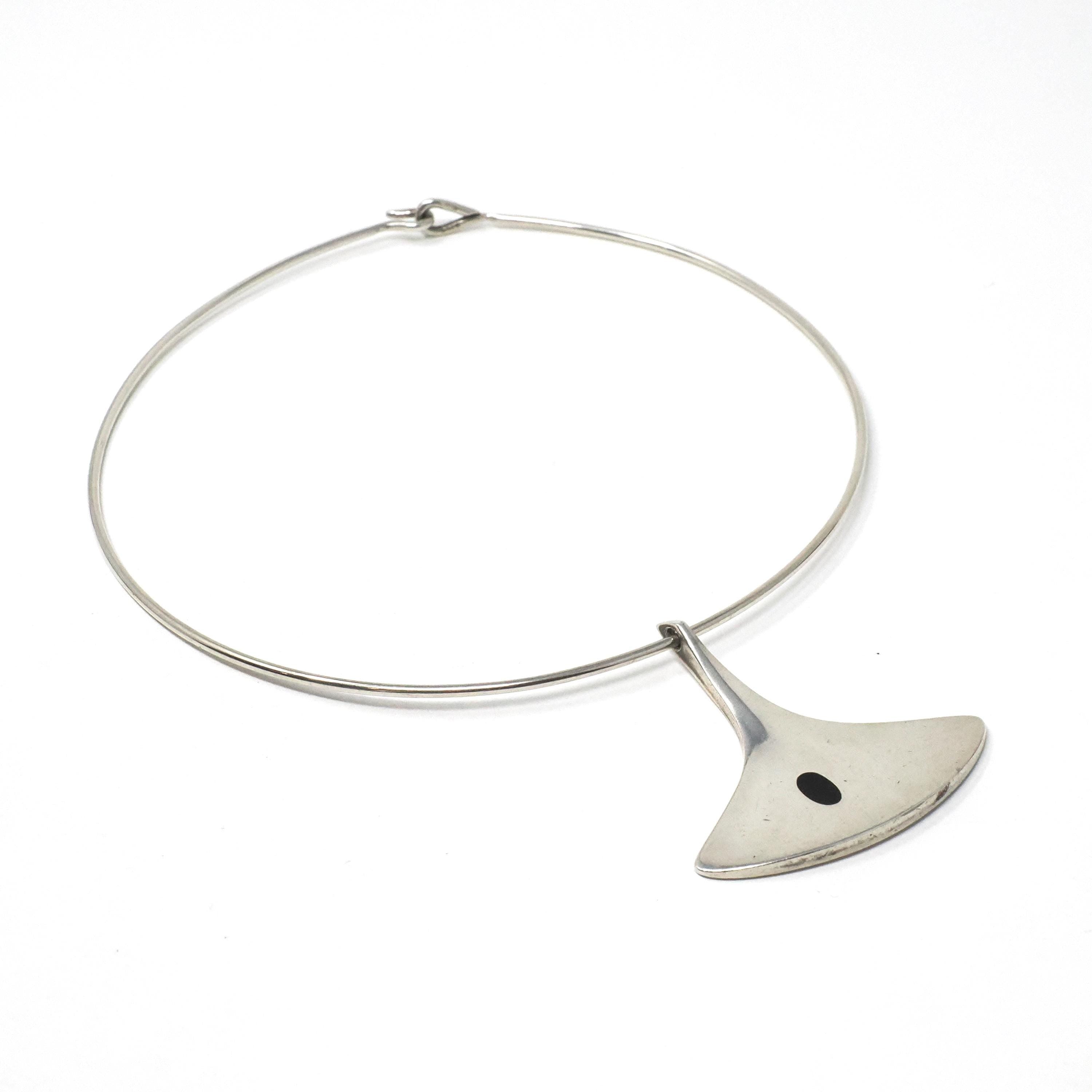 Hans Hansen Jewelry Set - Mid Century Modernist Sterling Silver Black Enamel Necklace Pendant #323 & Cuff Bracelet - Circa 1960s Era Jewelry