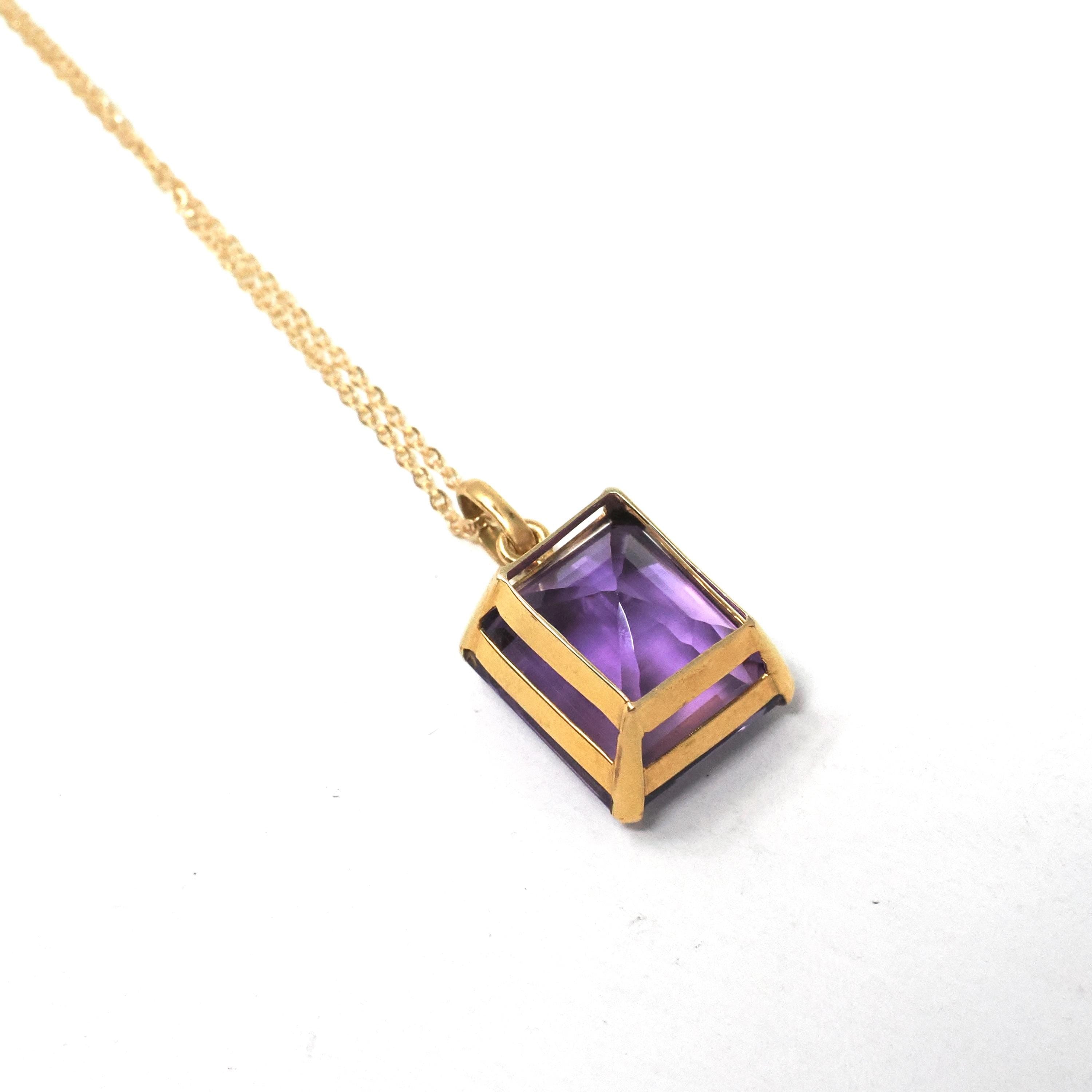 Modern Amethyst Necklace - Estate 14k Yellow Gold Rectangular Cut Purple Pendant Charm - Circa 2000s February Birthstone Y2k Fine Jewelry
