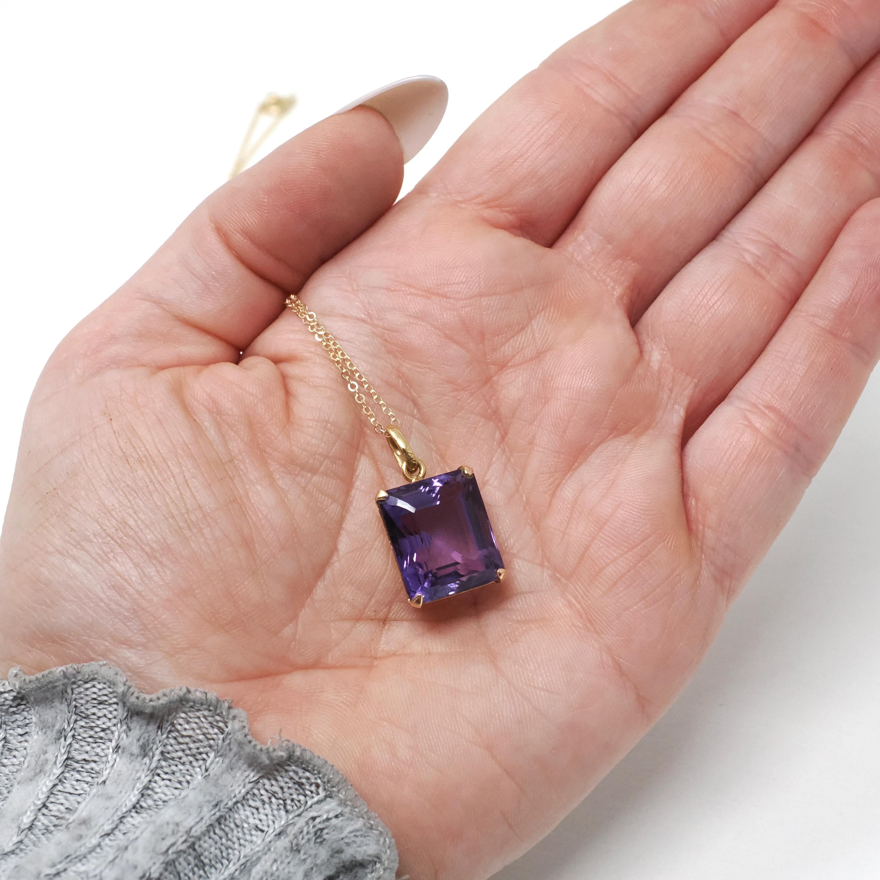 Modern Amethyst Necklace - Estate 14k Yellow Gold Rectangular Cut Purple Pendant Charm - Circa 2000s February Birthstone Y2k Fine Jewelry