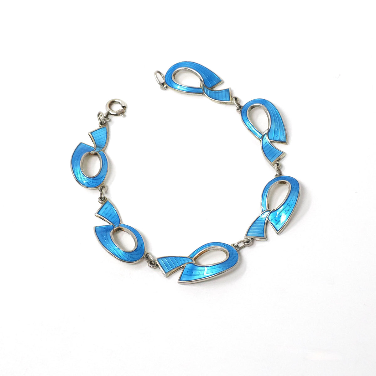 Mid Century Bracelet - Vintage Sterling Silver Light Blue Enamel Freeform Panels - Circa 1960s Era Knot Charms Spring Clasp Fine 60s Jewelry