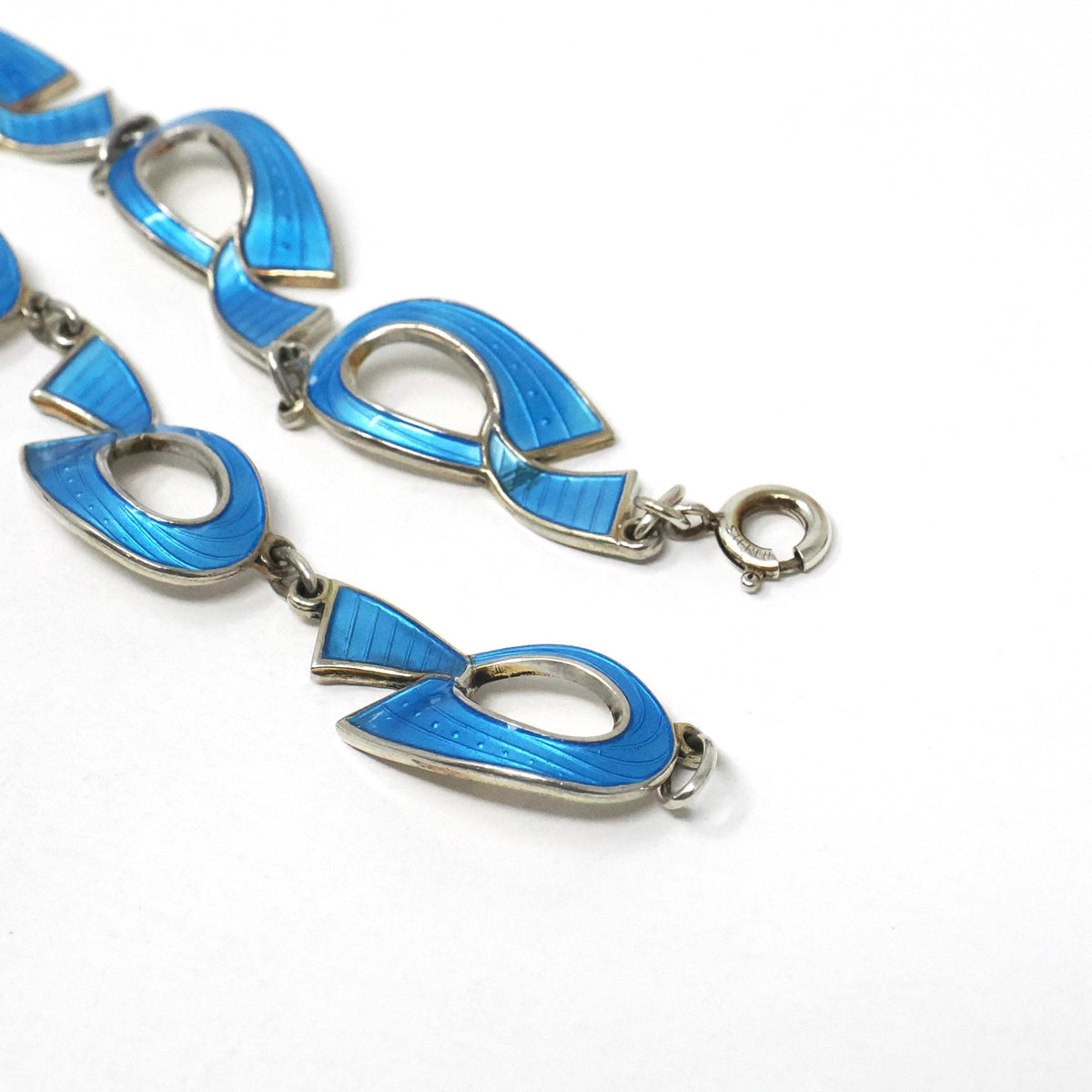 Mid Century Bracelet - Vintage Sterling Silver Light Blue Enamel Freeform Panels - Circa 1960s Era Knot Charms Spring Clasp Fine 60s Jewelry