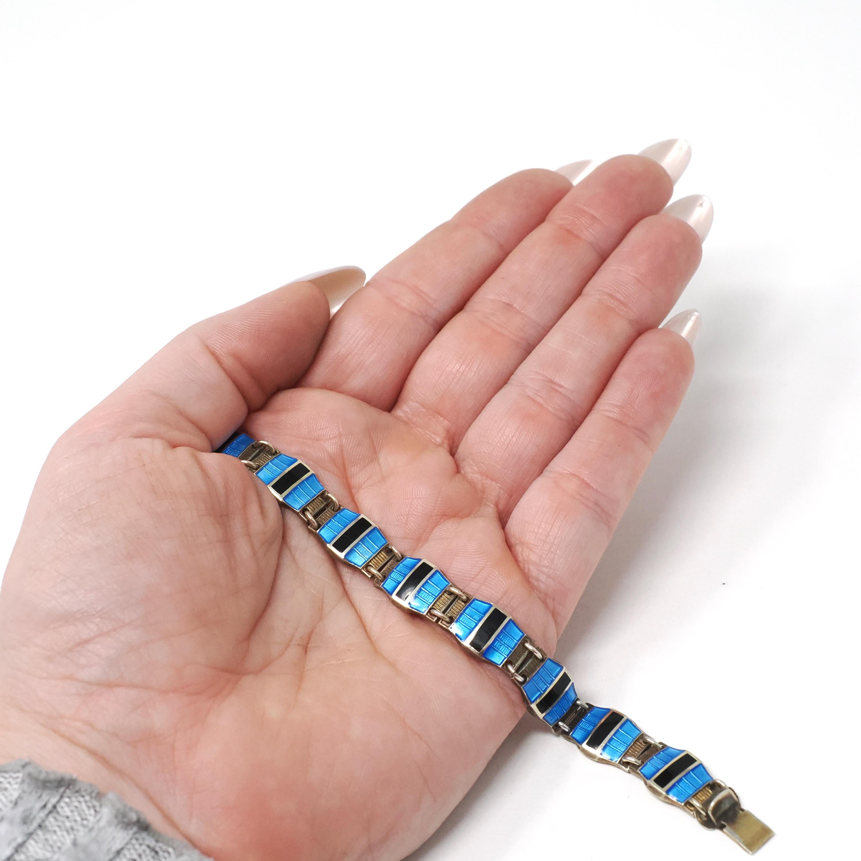 Guilloche Enamel Bracelet - Vintage Sterling Silver Blue & Black Geometric Linear Panels - Circa 1940s Signed Bernard Meldahl Danish Jewelry