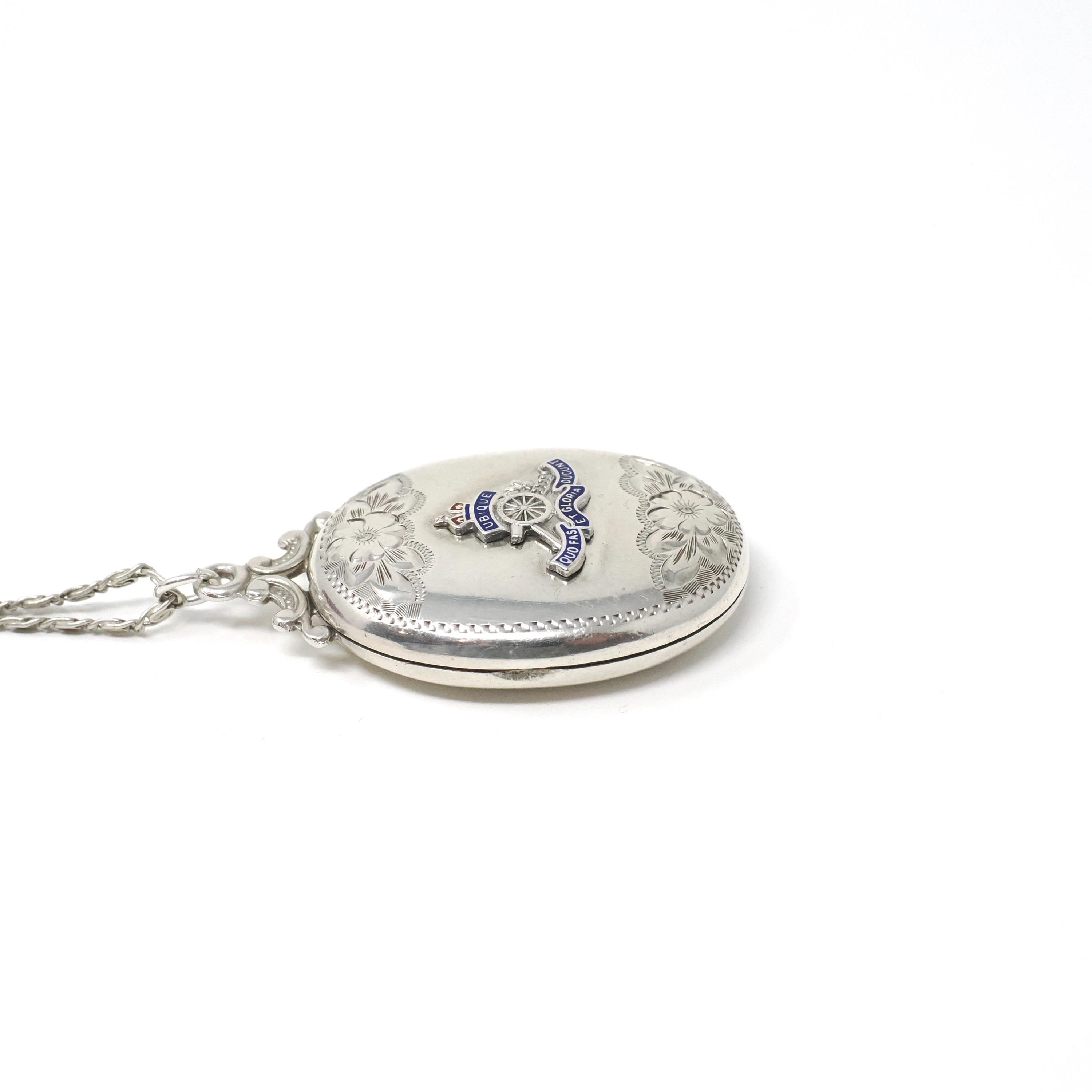 Silver Canadian Artillery Locket - Antique Sterling Engraved "AD" Enamel Emblem Pendant Necklace - Edwardian Keepsake Signed Birks Jewelry