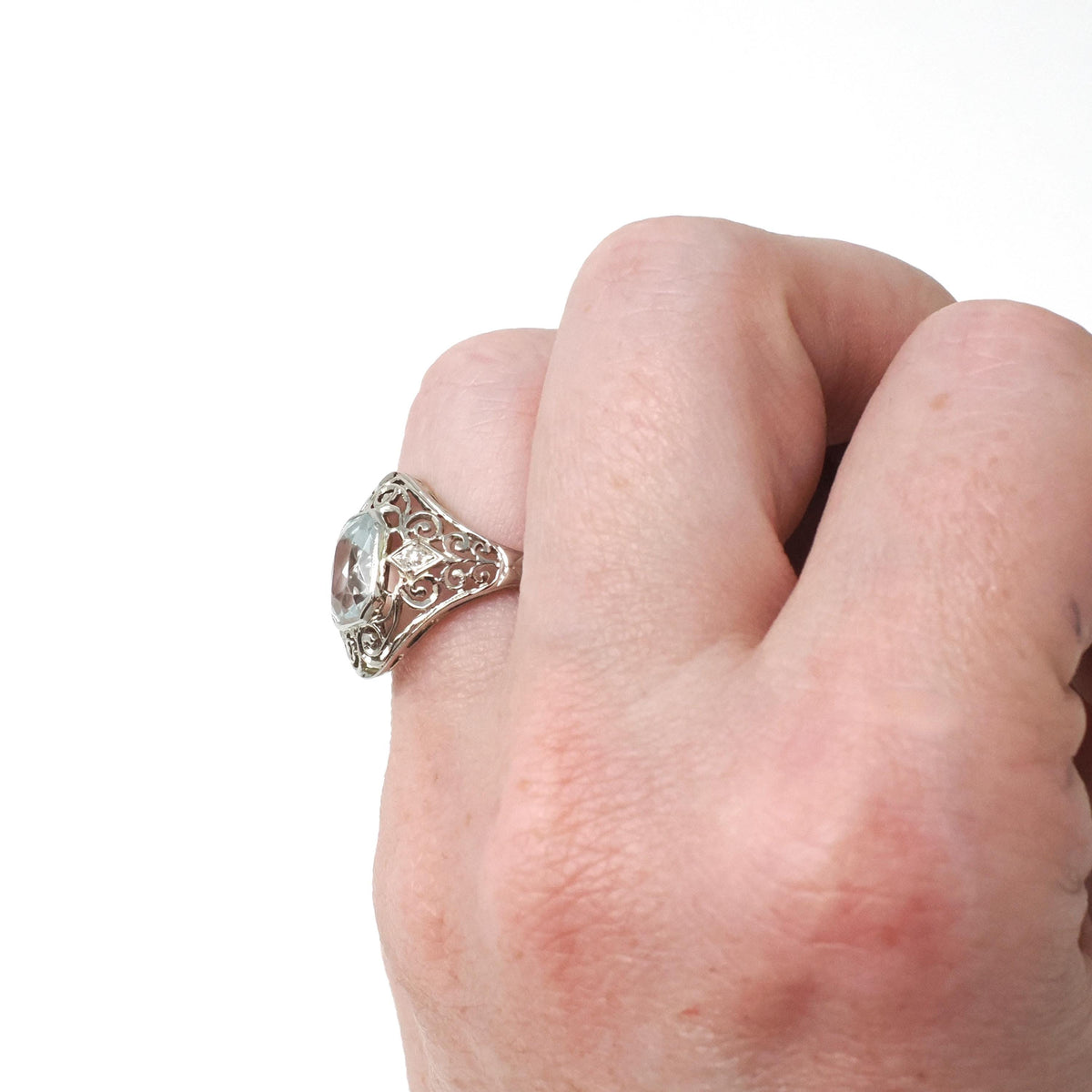 Art Deco Aquamarine Ring - Vintage 18k White Gold Handmade Natural Blue Gemstone - Circa 1930s Era Size 4 1/4 Filigree Diamond Fine Jewelry