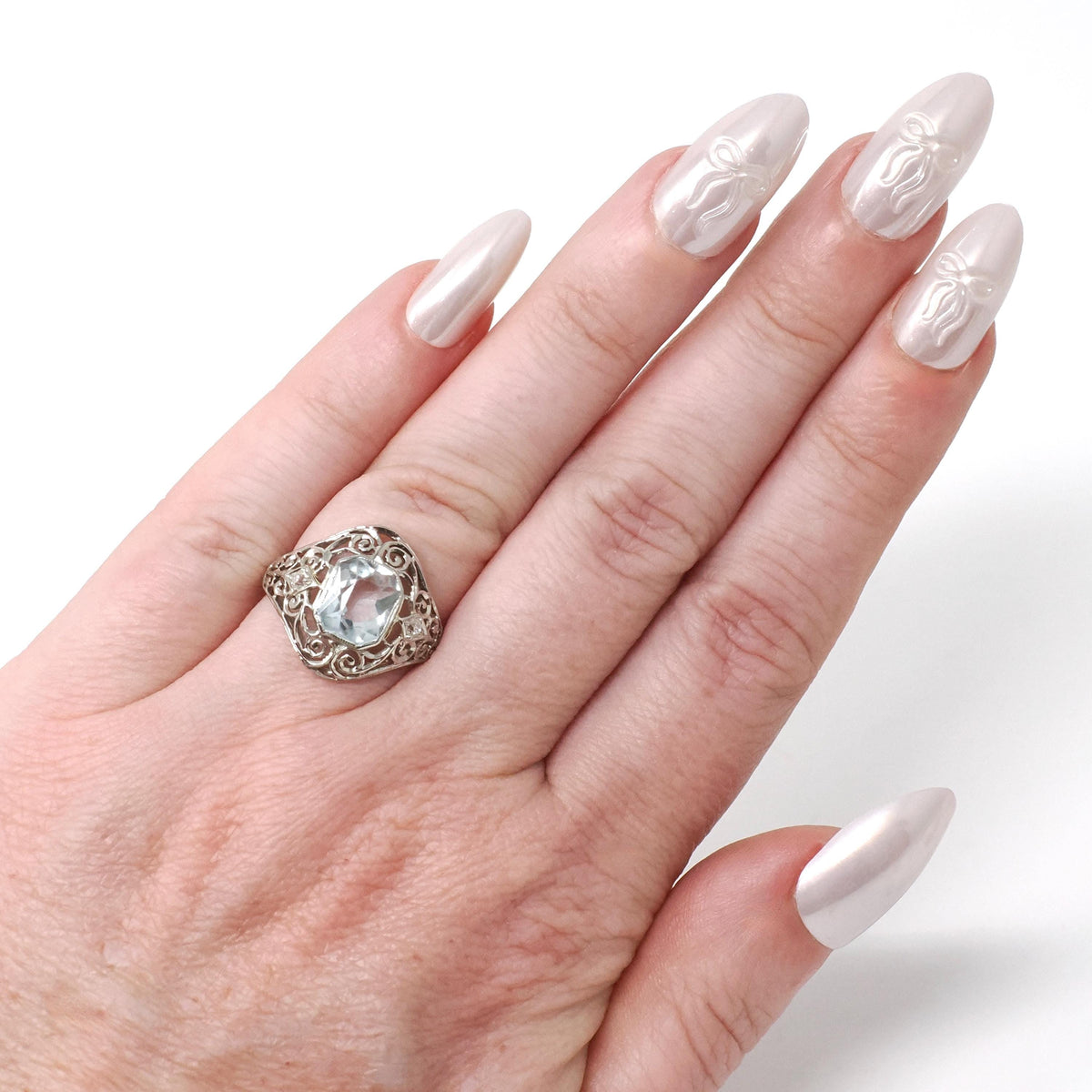 Art Deco Aquamarine Ring - Vintage 18k White Gold Handmade Natural Blue Gemstone - Circa 1930s Era Size 4 1/4 Filigree Diamond Fine Jewelry