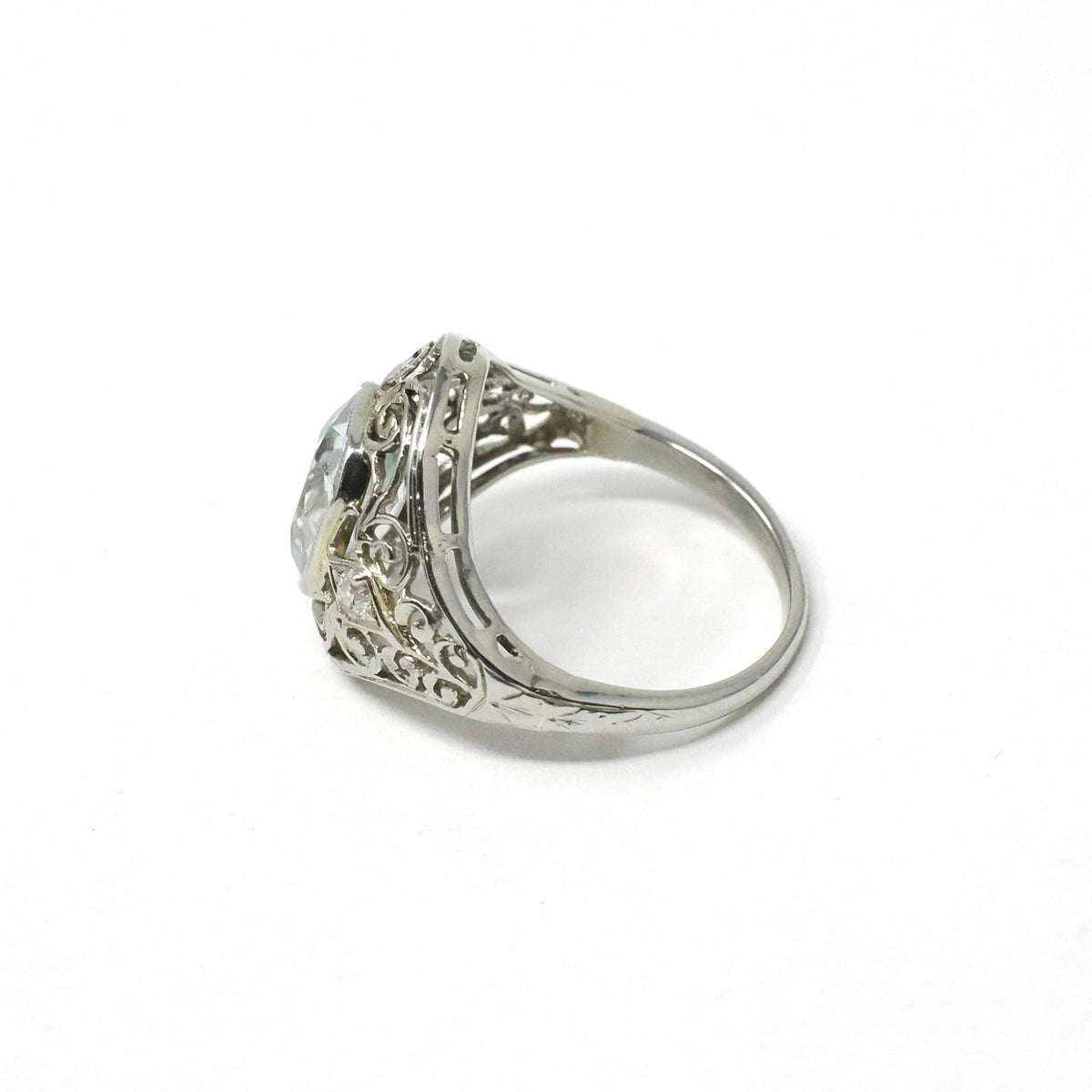 Art Deco Aquamarine Ring - Vintage 18k White Gold Handmade Natural Blue Gemstone - Circa 1930s Era Size 4 1/4 Filigree Diamond Fine Jewelry