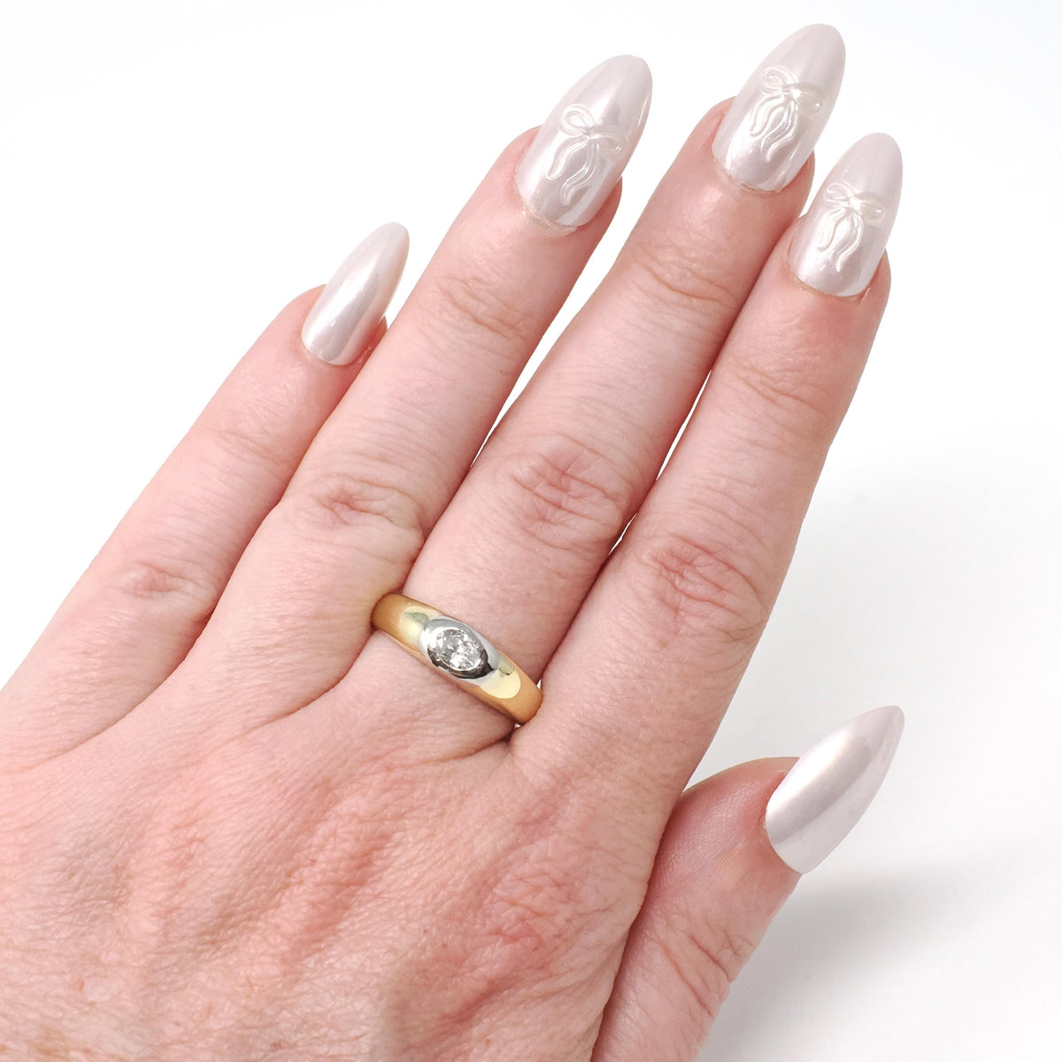 Flush Set Diamond Ring - Modern 18k Yellow Gold Platinum Two Tone .26 CT Natural Oval Unisex Engagement - Estate Size 6 Bridal Fine Jewelry