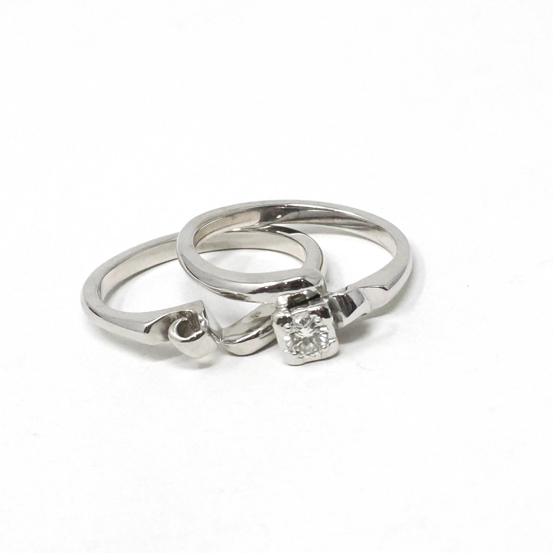 Vintage Wedding Ring Set - Mid Century 14k White Gold Illusion Diamond Engagement & Wedding Band - Circa 1950s Era Size 6 1/2 Fine Jewelry
