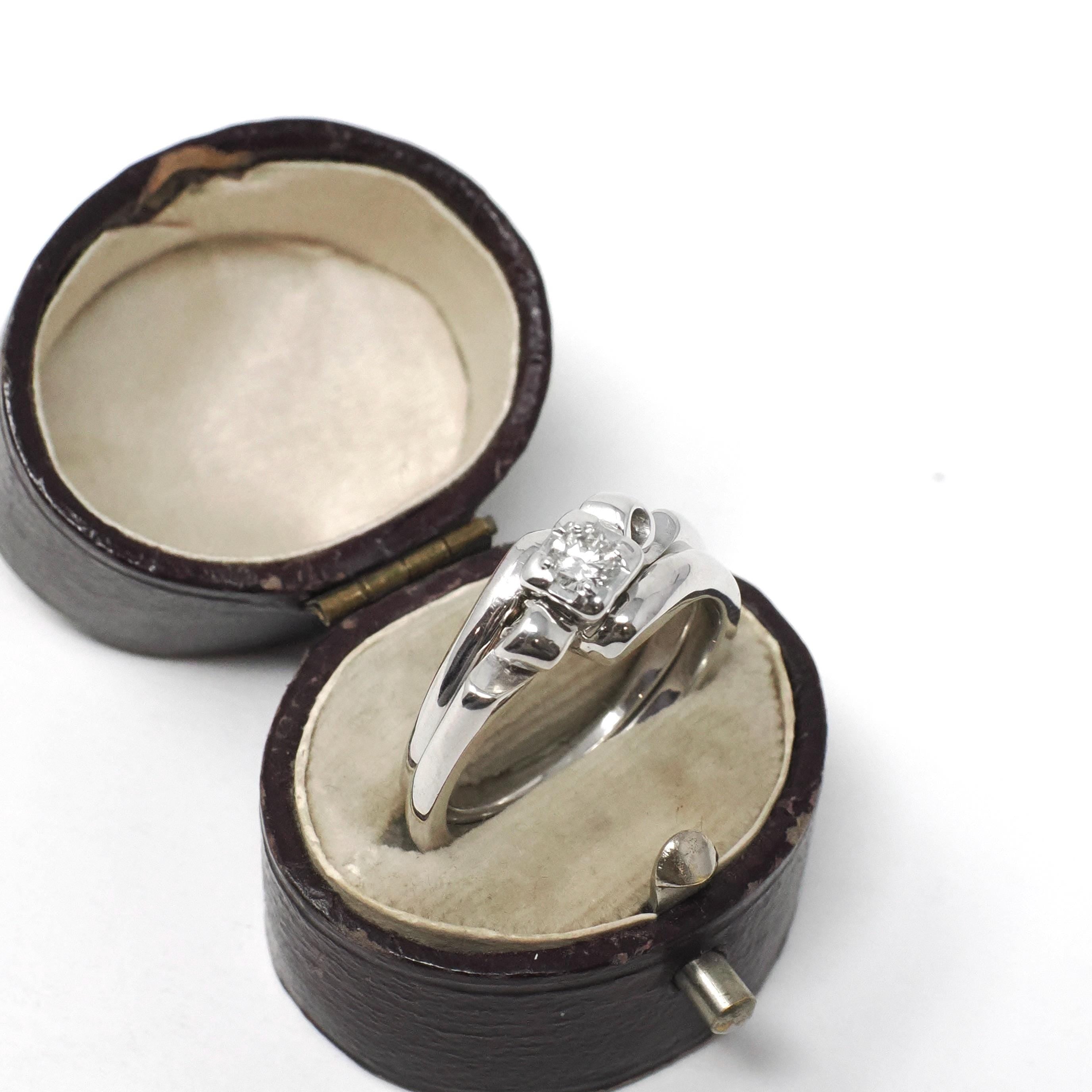 Vintage Wedding Ring Set - Mid Century 14k White Gold Illusion Diamond Engagement & Wedding Band - Circa 1950s Era Size 6 1/2 Fine Jewelry