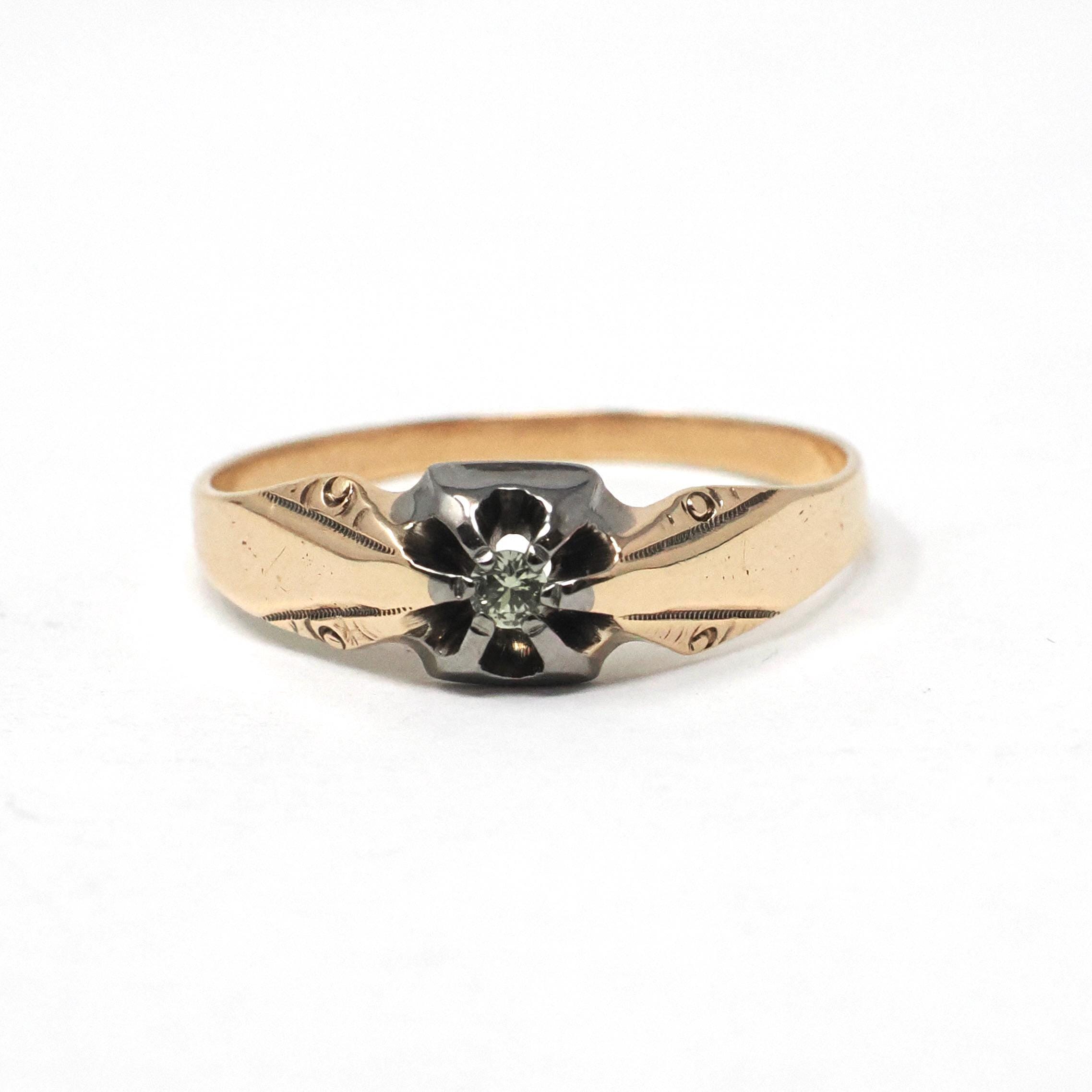 Antique Green Sapphire Ring - Edwardian 14k Rosy Yellow Gold Natural Gemstone Solitaire - Circa 1900s Era Size 7 1/4 Fine Engagement Jewelry