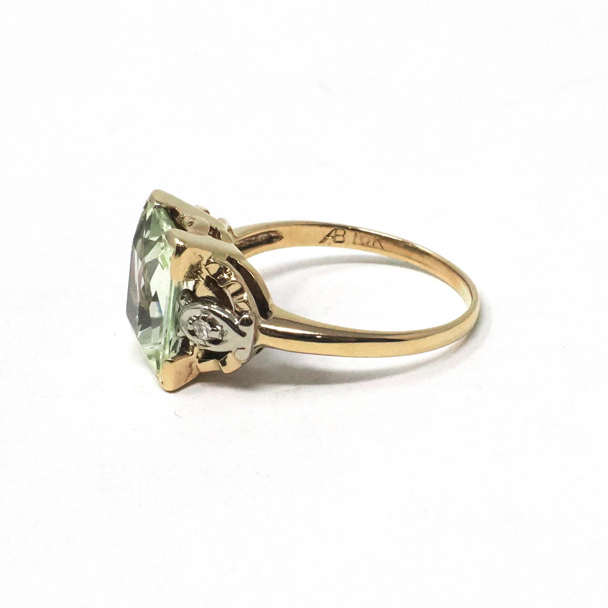 Uranium Glass Ring - Mid Century 10k Yellow White Gold Diamond Accents - Vintage Circa 1940s Size 6 Fluorescent Green Vaseline Fine Jewelry