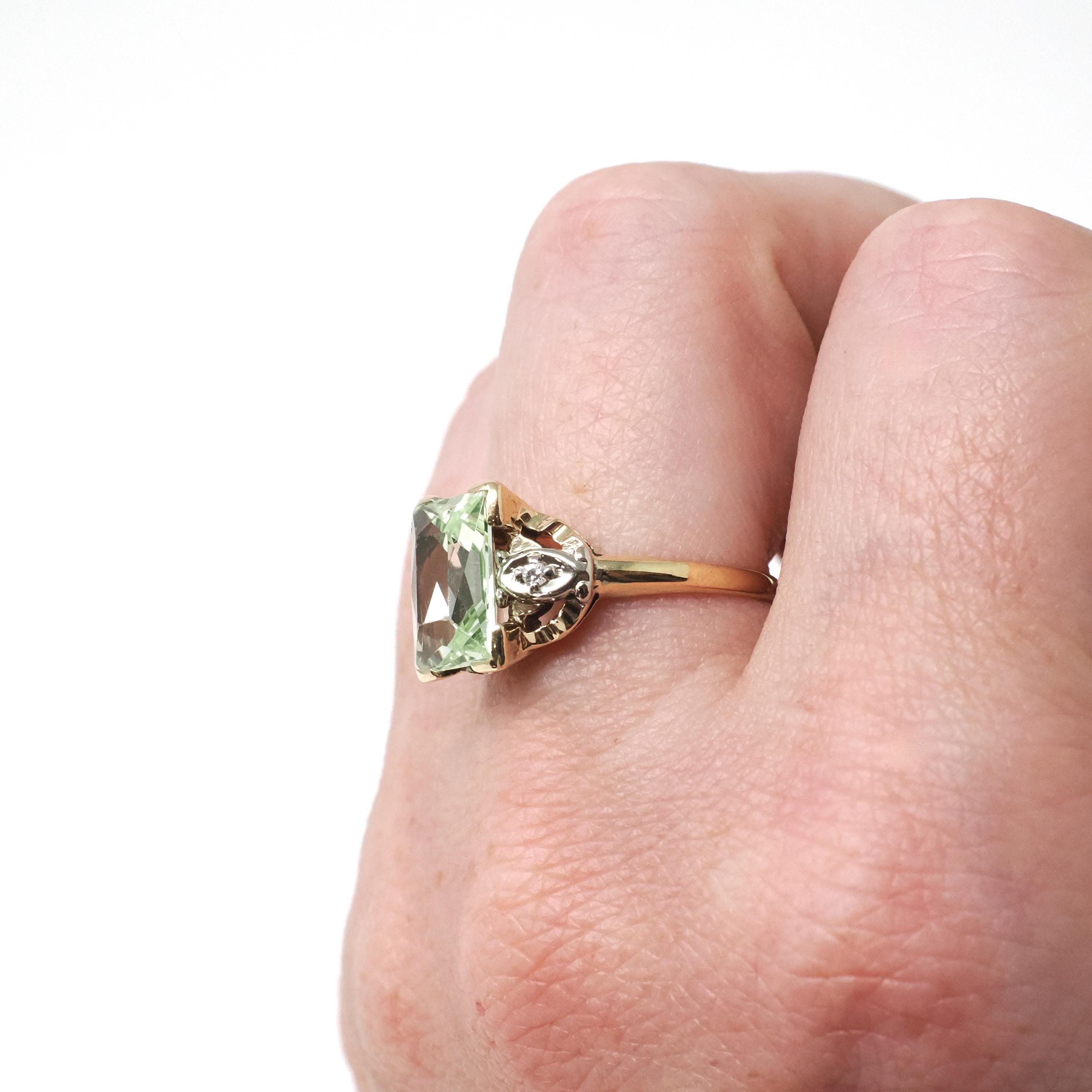 Uranium Glass Ring - Mid Century 10k Yellow White Gold Diamond Accents - Vintage Circa 1940s Size 6 Fluorescent Green Vaseline Fine Jewelry