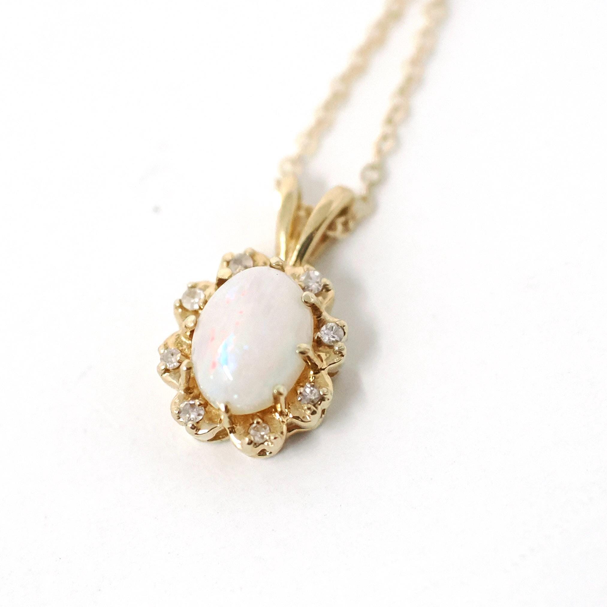Opal & Diamond Pendant - Estate 14k Yellow Gold Oval Cabochon Cut 1.00 CT Gem Necklace - Modern Circa 2000's October Birthstone Fine Jewelry